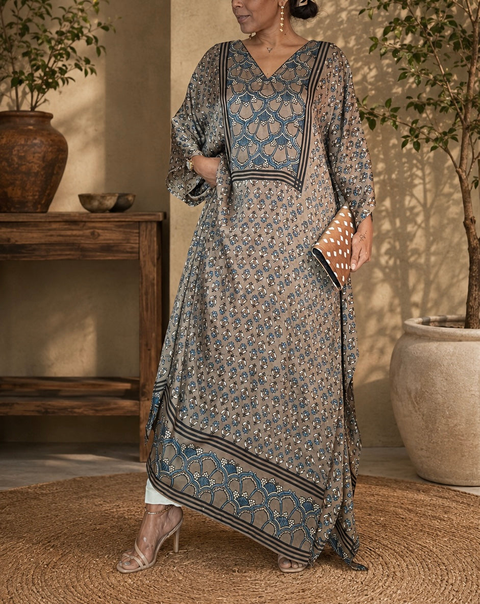 Grey & Blue Ajrakh Modal Silk Kaftan