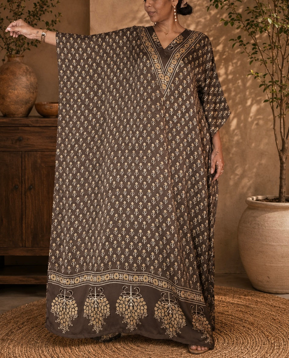 Earthy brown Ajrakh Modal Silk Kaftan