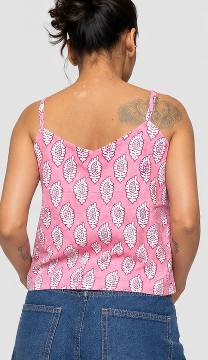 Handblock Printed Crop Top in Pink & White
