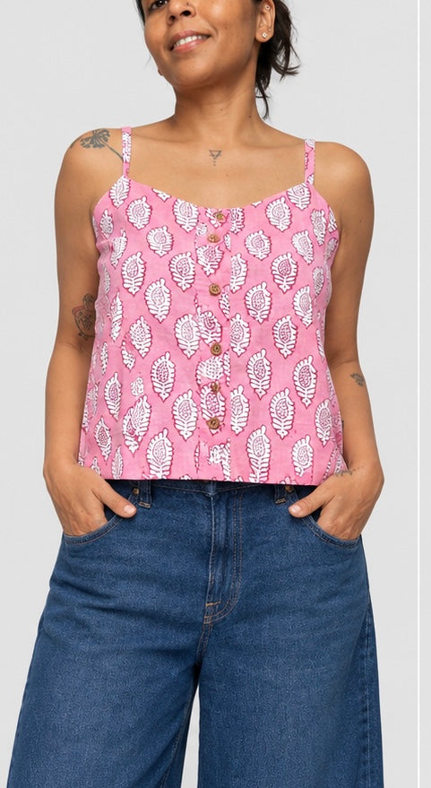 Handblock Printed Crop Top in Pink & White