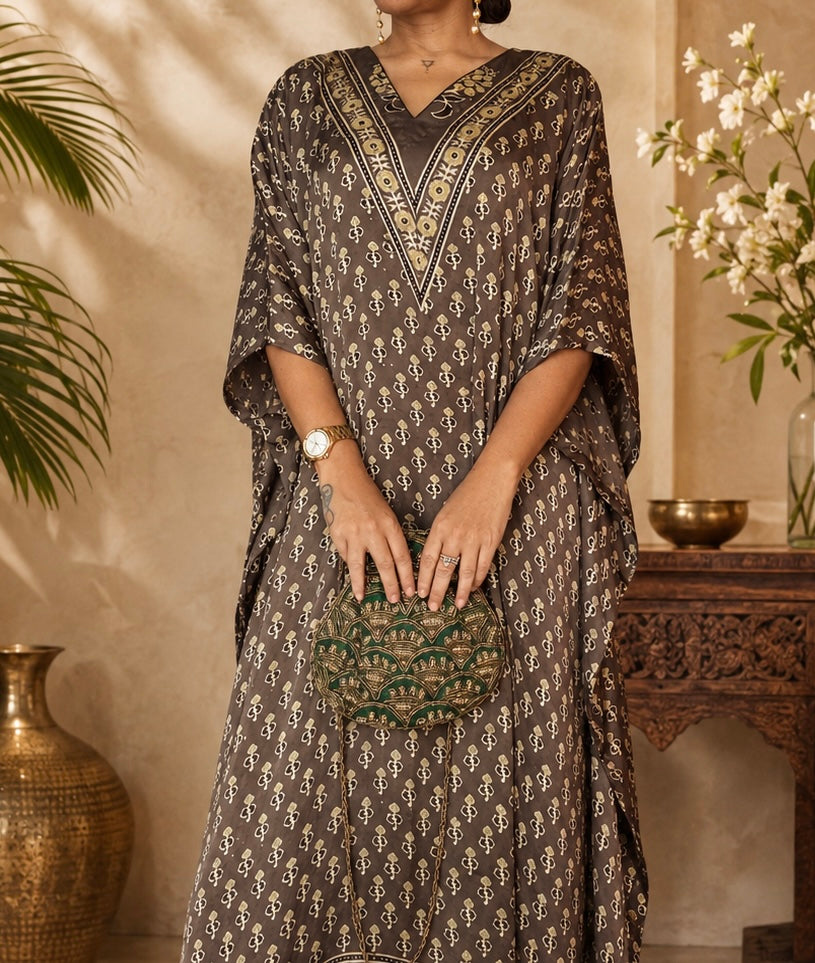 Earthy brown Ajrakh Modal Silk Kaftan