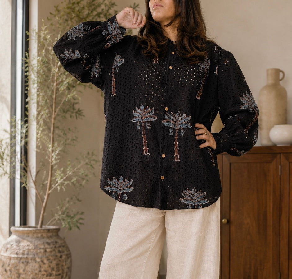 Black Ajrakh Hakoba Cotton Shirt