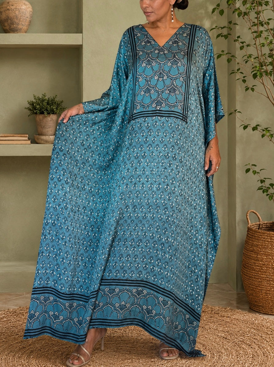 Blue Ajrakh Modal Silk Kaftan