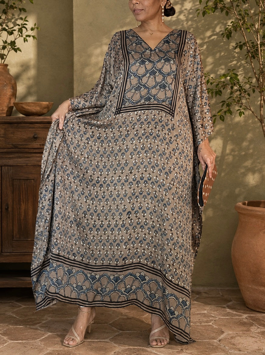 Grey & Blue Ajrakh Modal Silk Kaftan