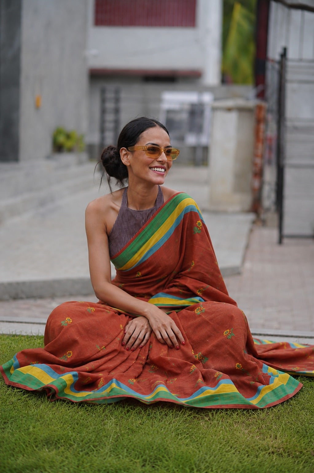 Handblock Mul Cotton Saree - Sunflower Rust brown