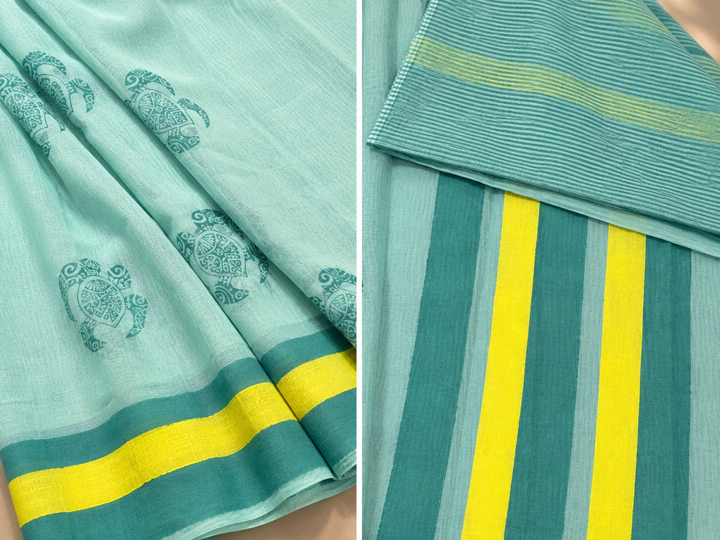 Handblock printed Mul Cotton Saree - Turtle Tales in Blue