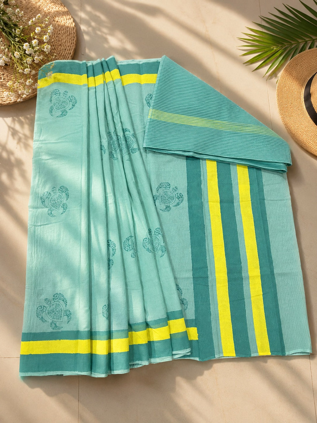 Handblock printed Mul Cotton Saree - Turtle Tales in Blue