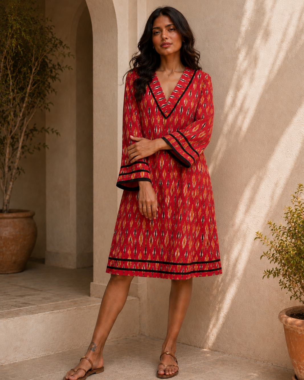 Red Abr Ikat Cotton Dress