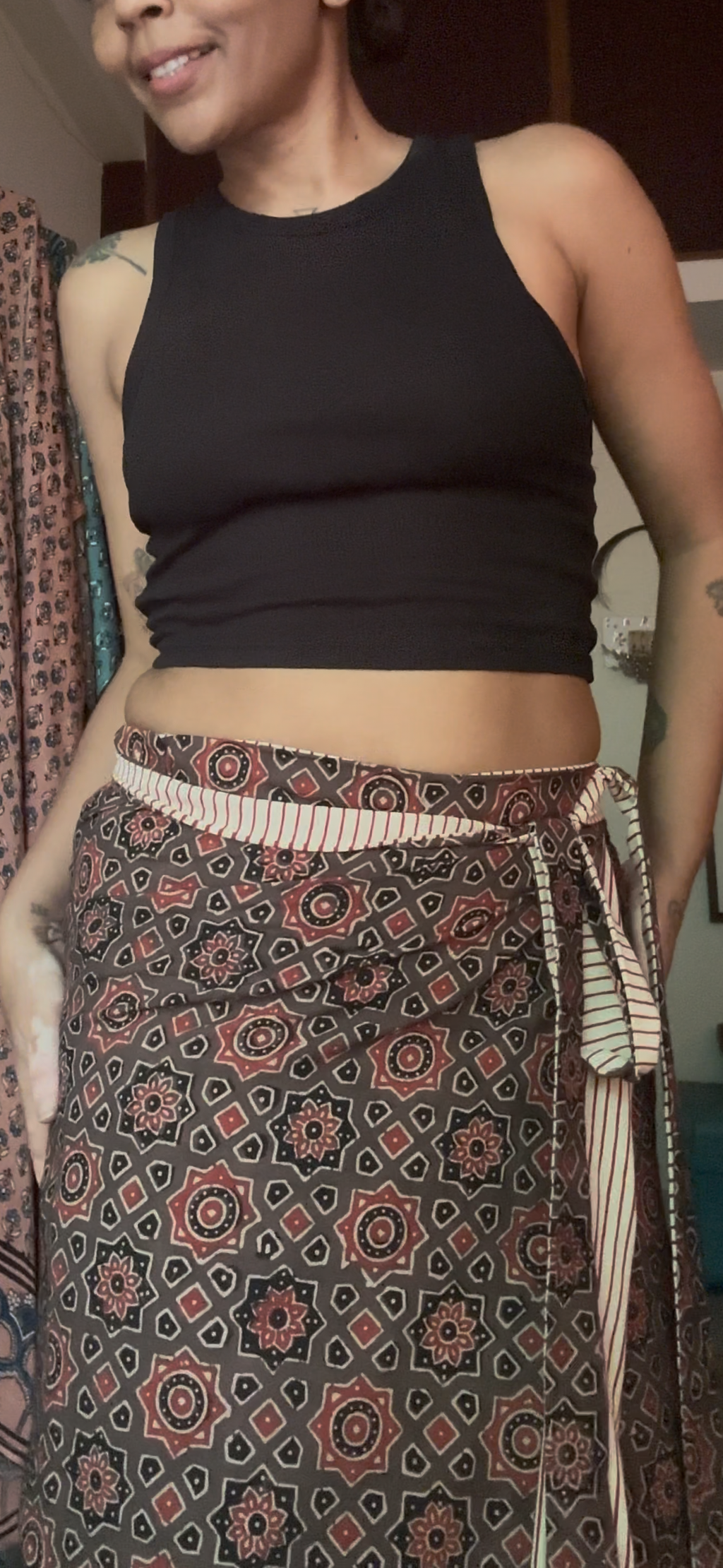 Shapeshifter one skirt, endless possibilities - Earthy brown ajrak & red Stripe