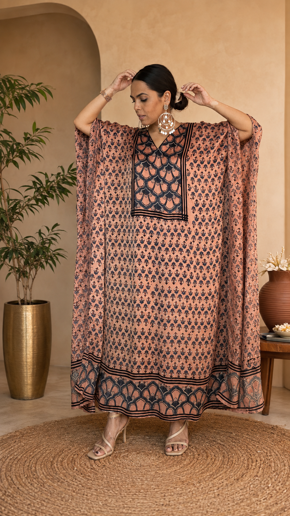Peach Ajrakh Modal Silk Kaftan
