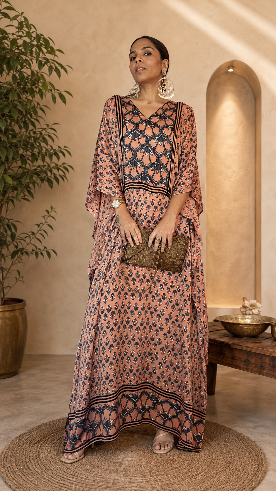Peach Ajrakh Modal Silk Kaftan
