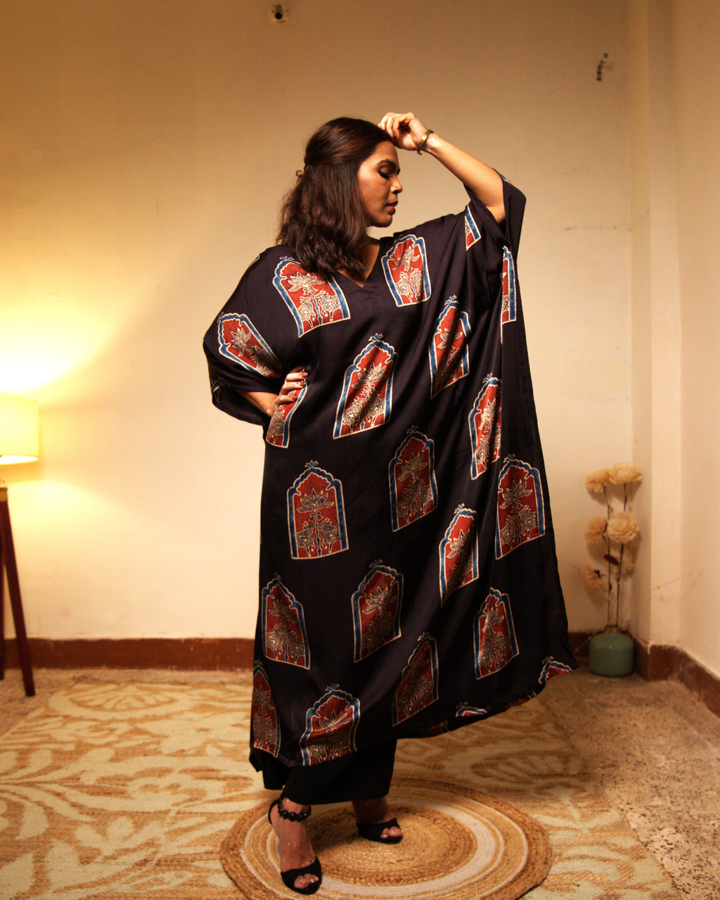 Black Modal Silk Kaftan with Pichwai Prints