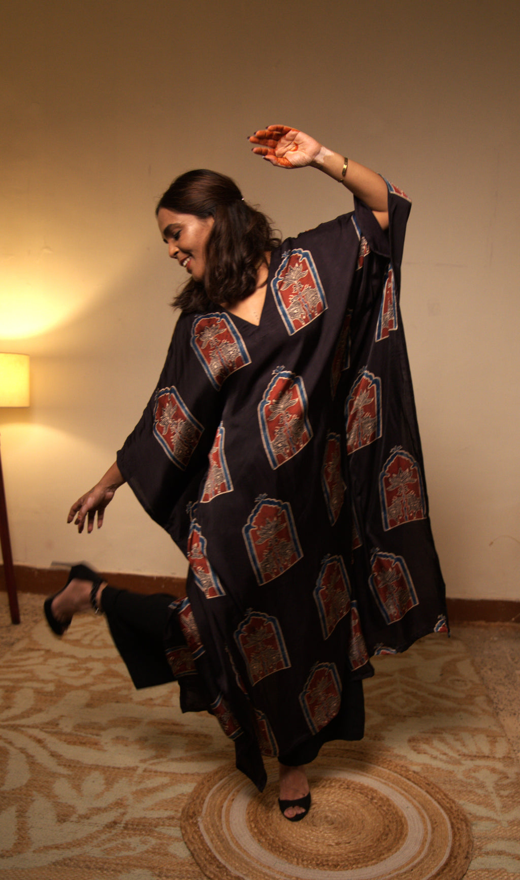 Black Modal Silk Kaftan with Pichwai Prints