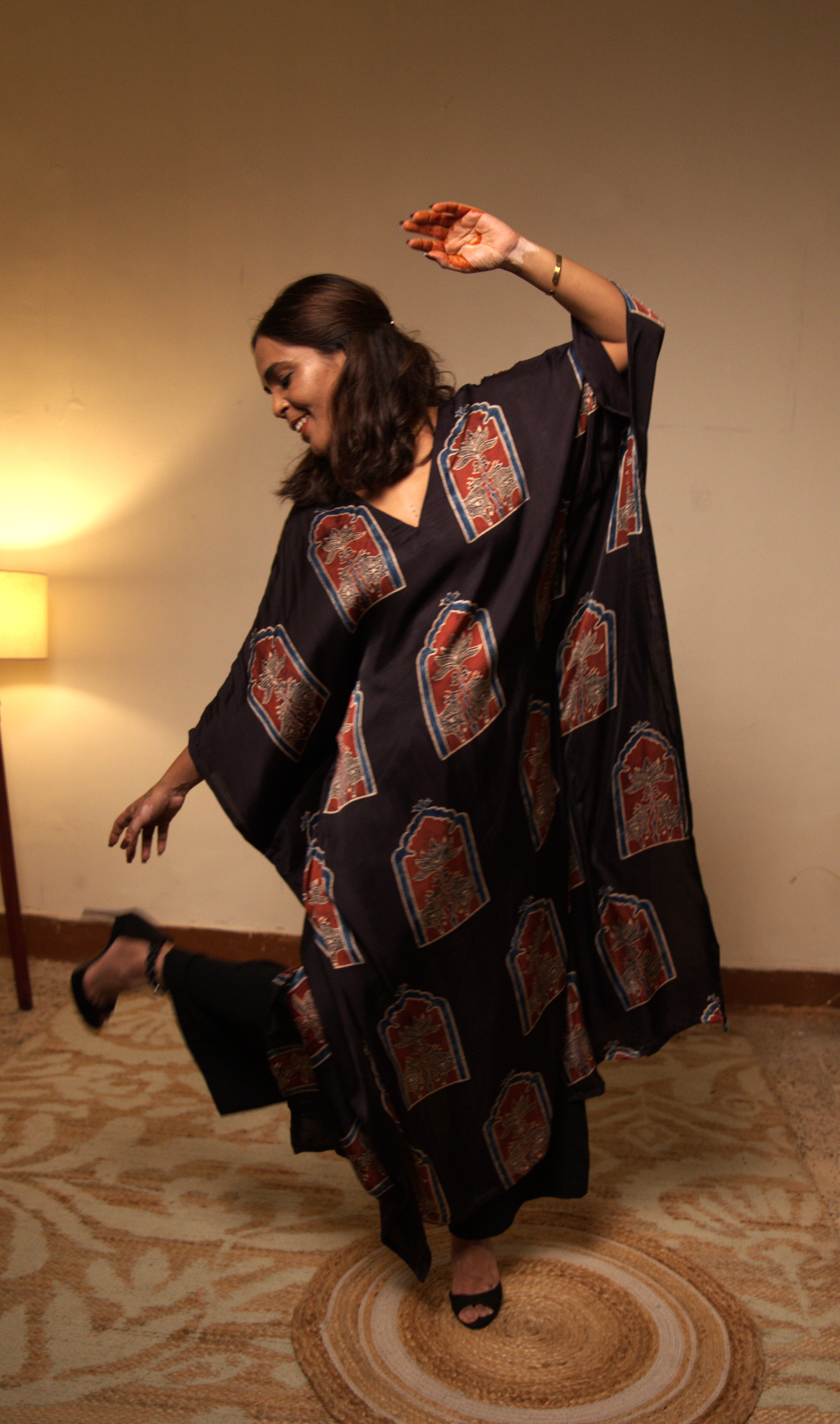 Black Modal Silk Kaftan with Pichwai Prints