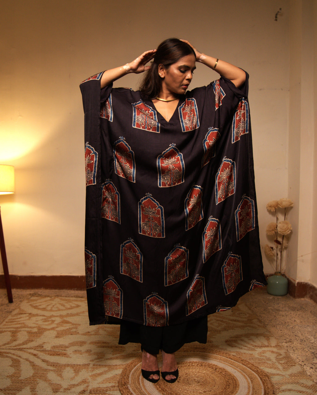 Black Modal Silk Kaftan with Pichwai Prints