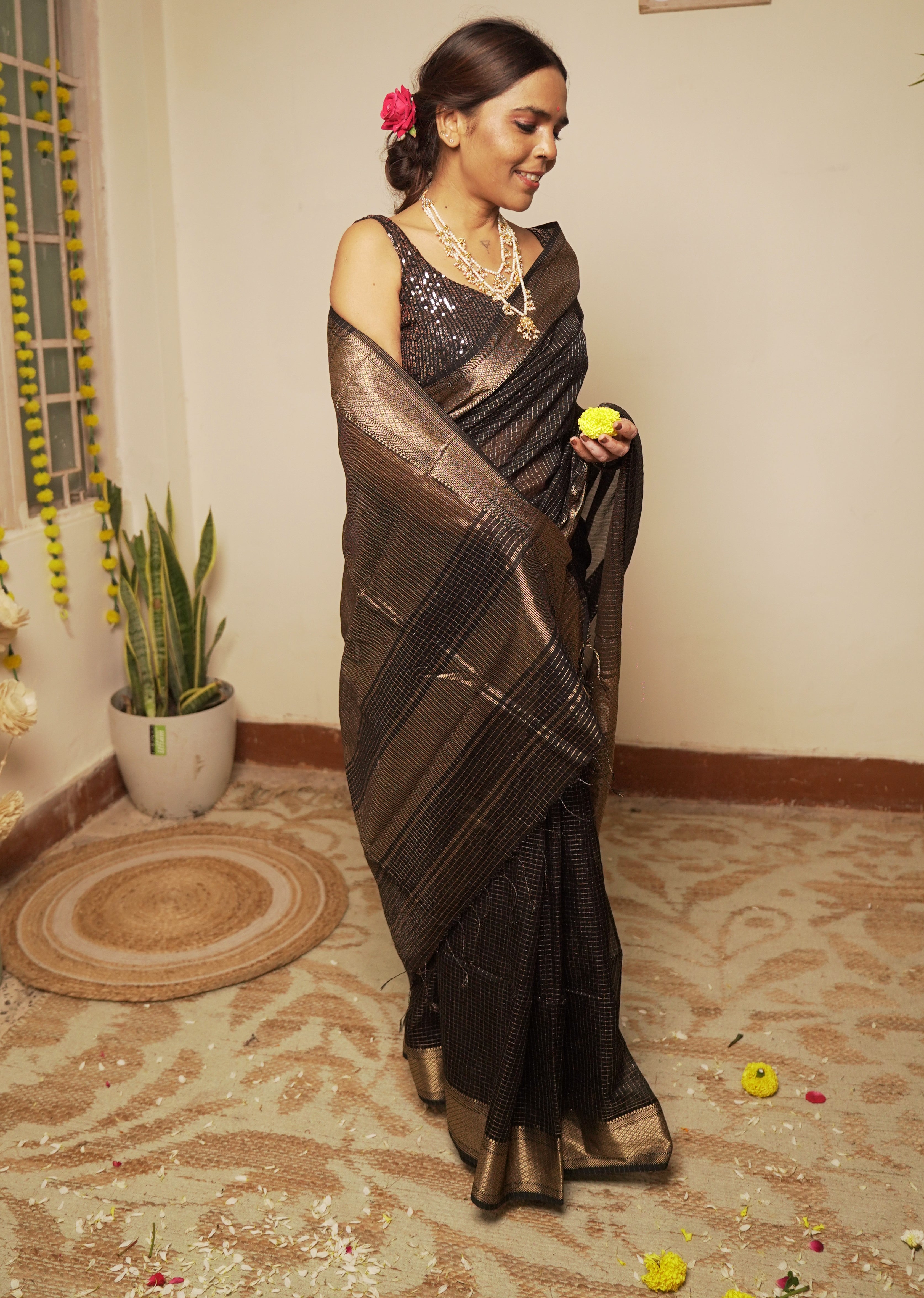 त्यौहार - Black Cotton by Silk Handwoven Sari