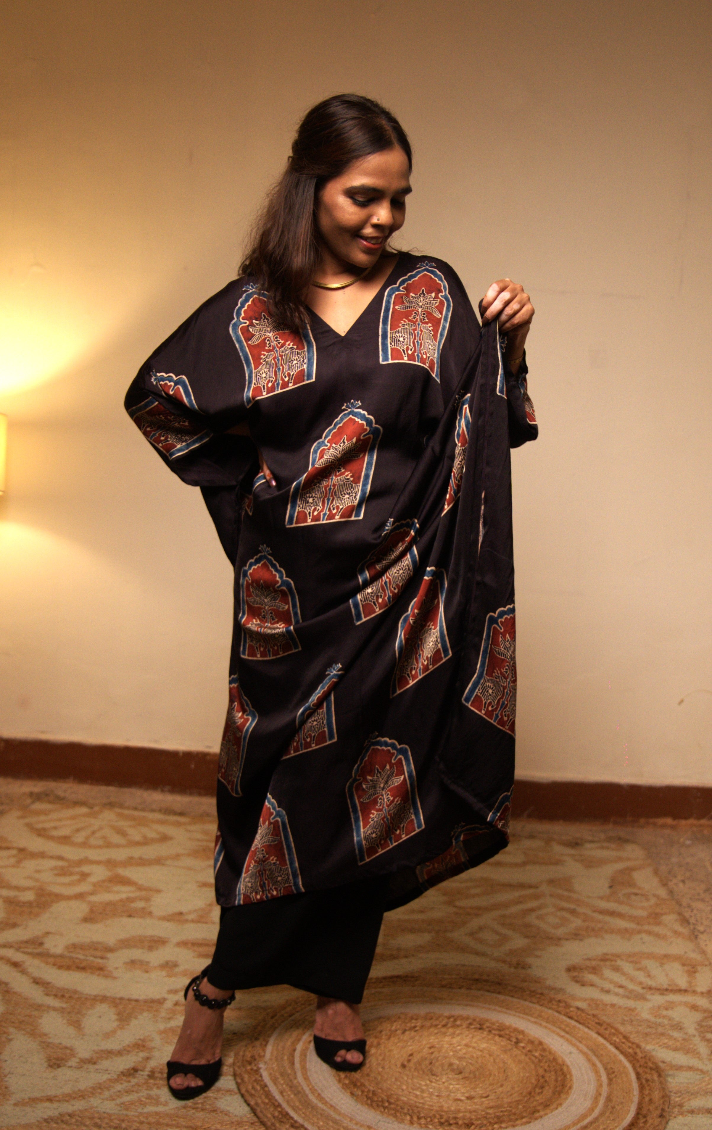 Black Modal Silk Kaftan with Pichwai Prints