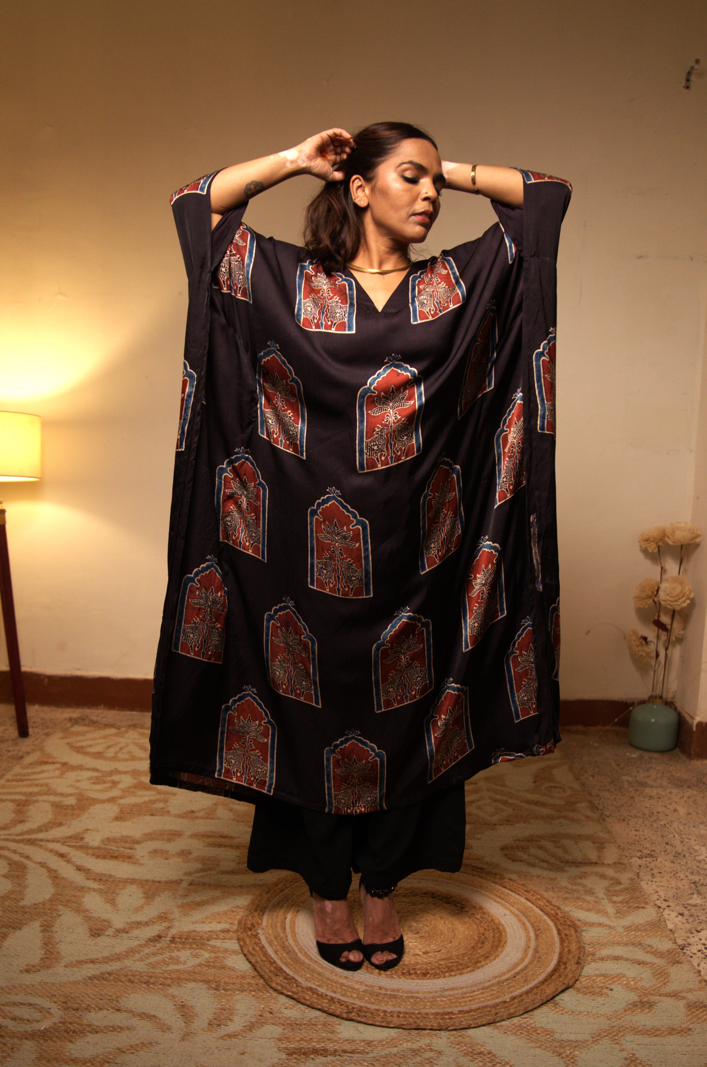Black Modal Silk Kaftan with Pichwai Prints