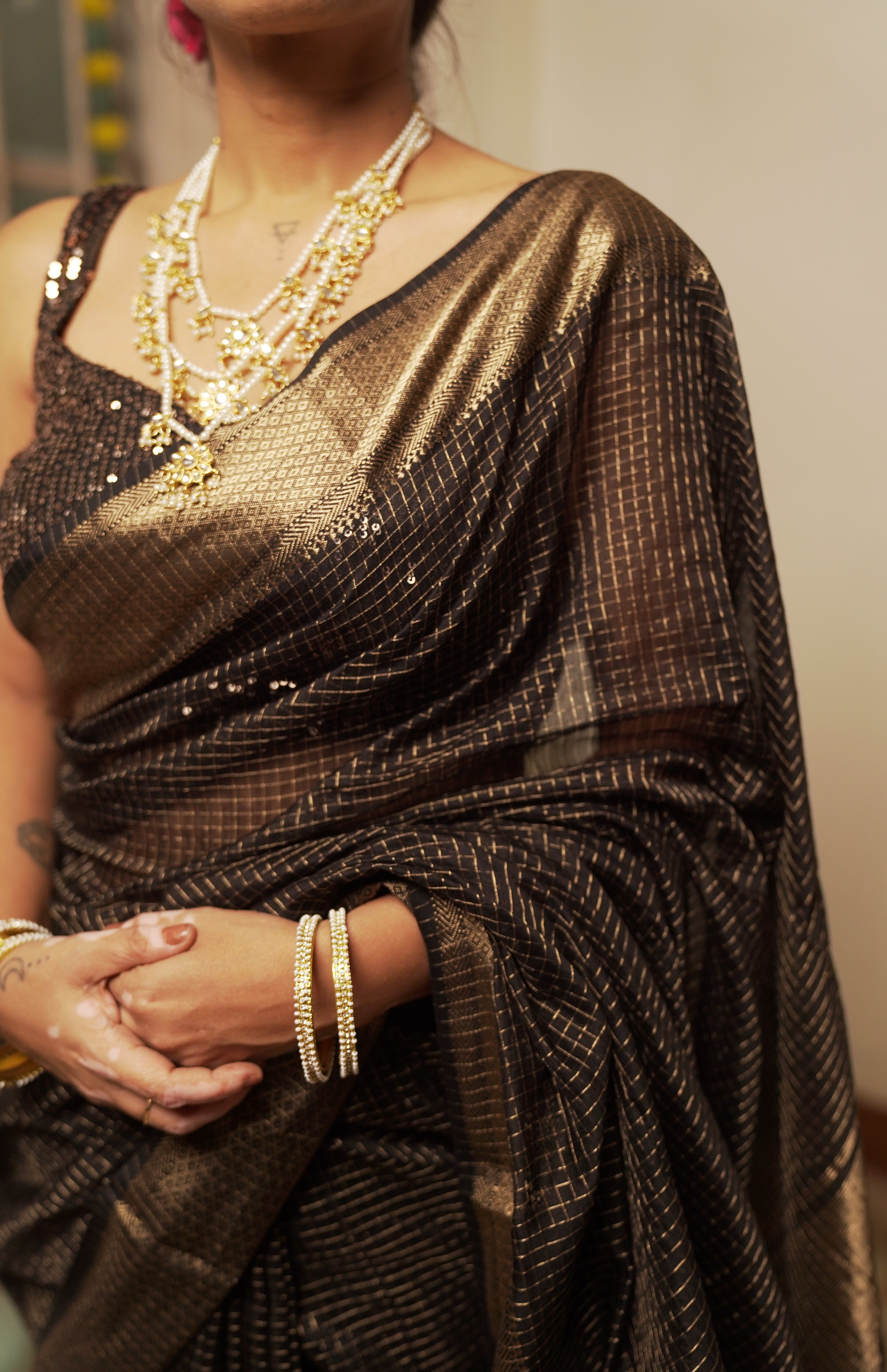 त्यौहार - Black Cotton by Silk Handwoven Sari