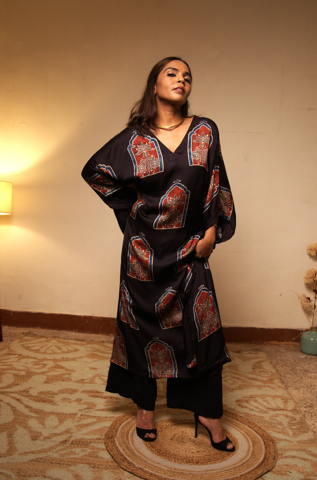 Black Modal Silk Kaftan with Pichwai Prints