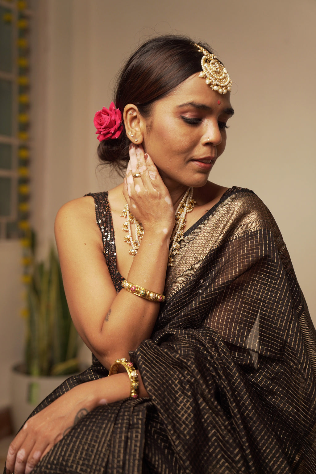 त्यौहार - Black Cotton by Silk Handwoven Sari