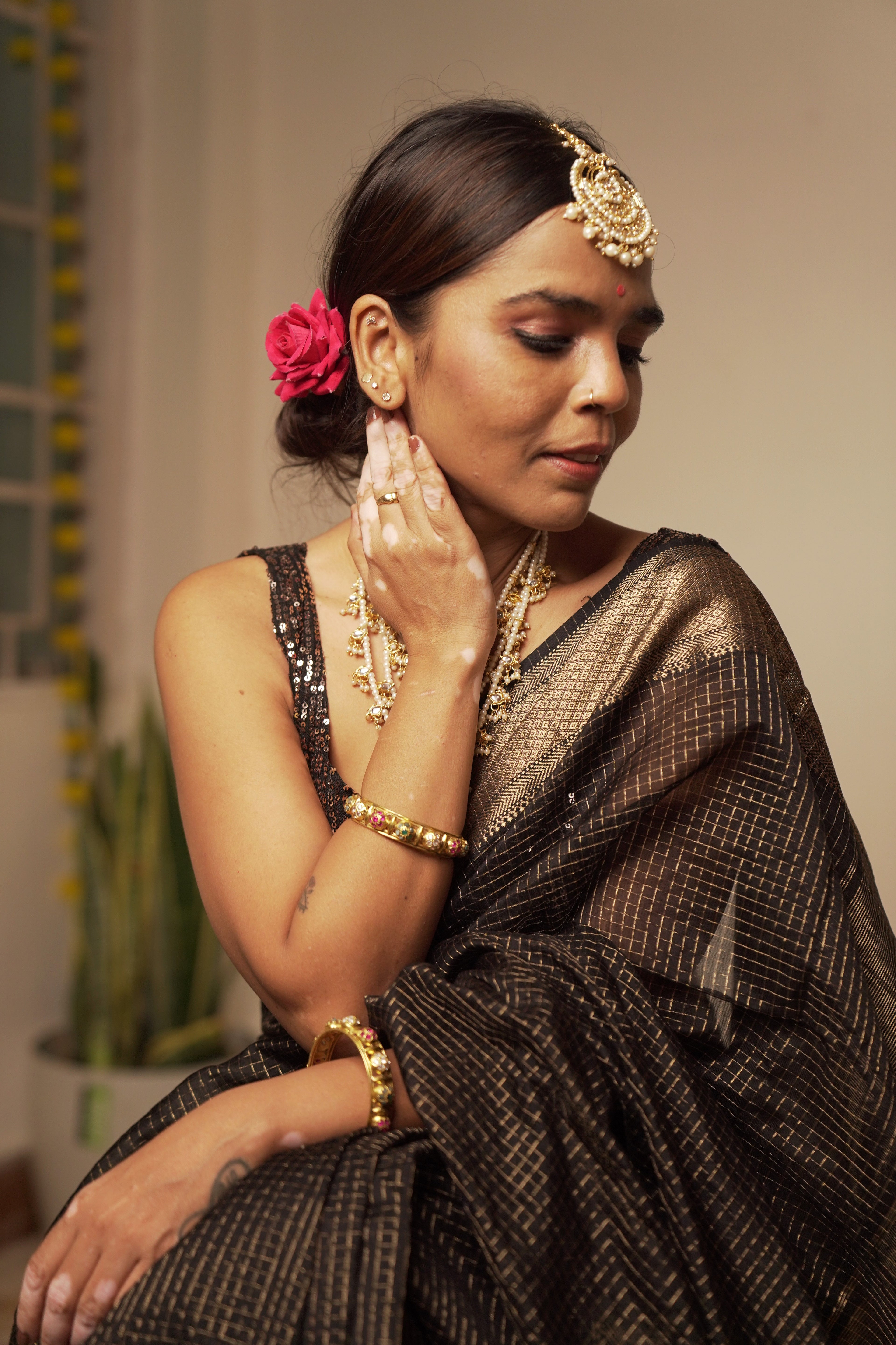 त्यौहार - Black Cotton by Silk Handwoven Sari
