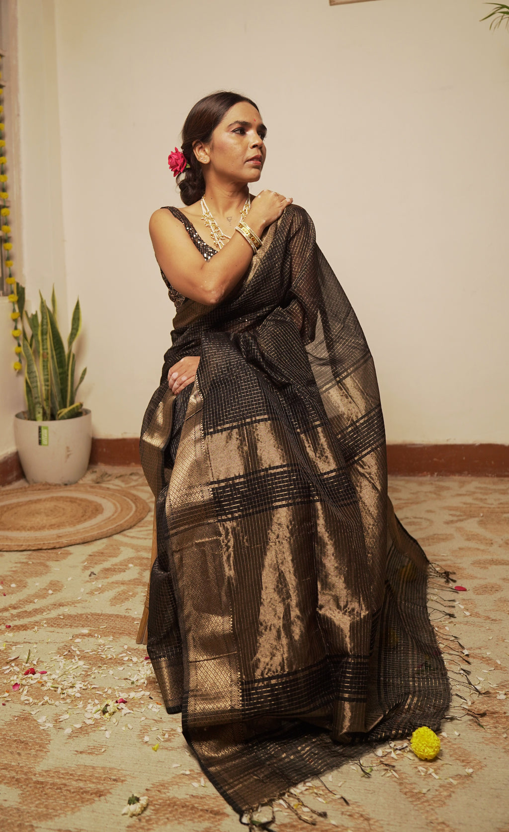 त्यौहार - Black Cotton by Silk Handwoven Sari