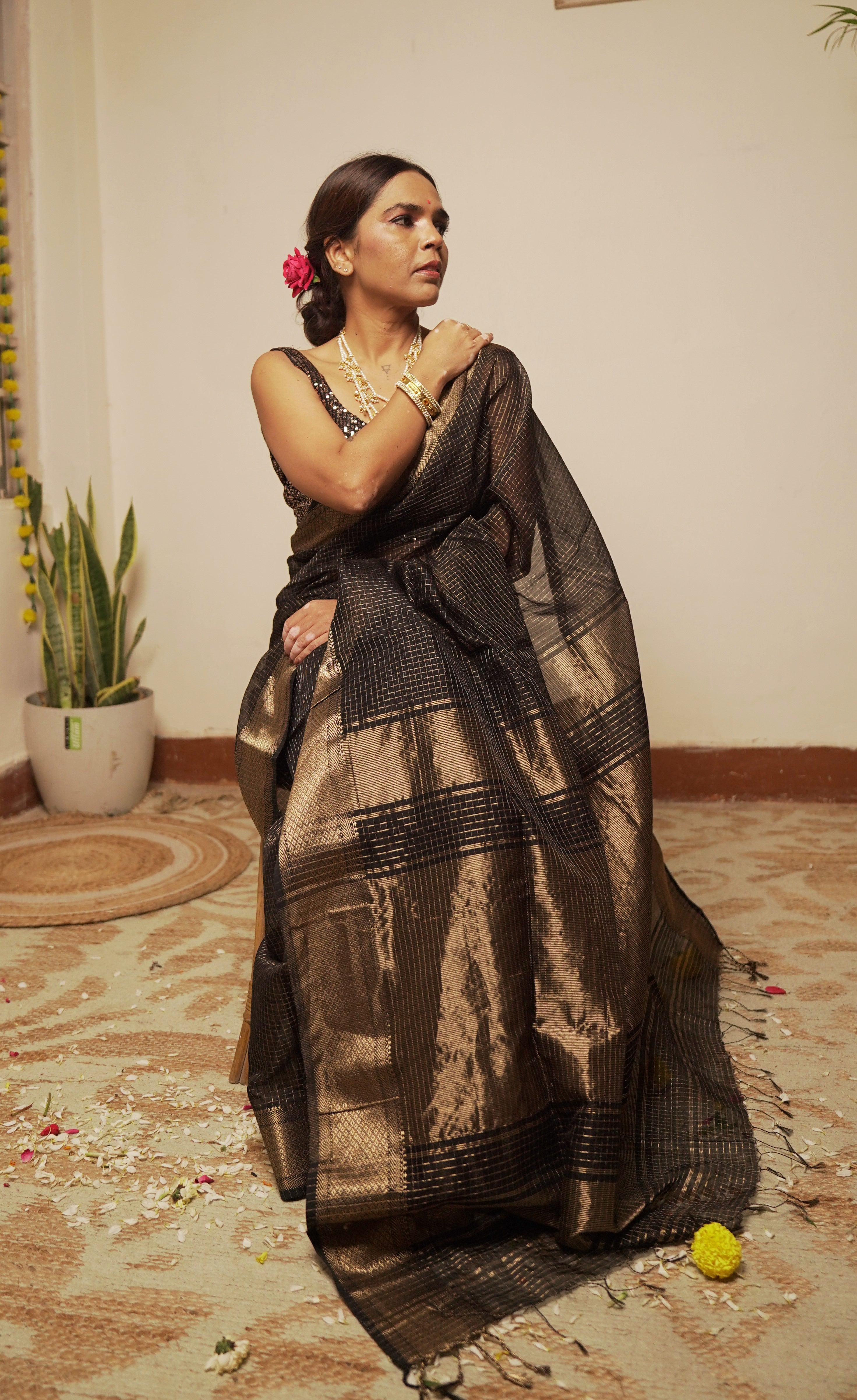 त्यौहार - Black Cotton by Silk Handwoven Sari
