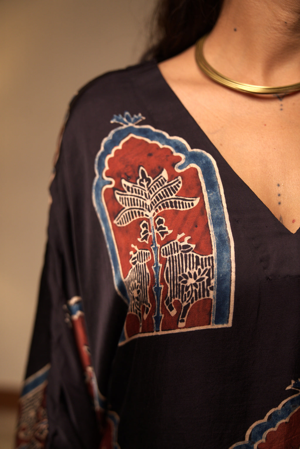 Black Modal Silk Kaftan with Pichwai Prints