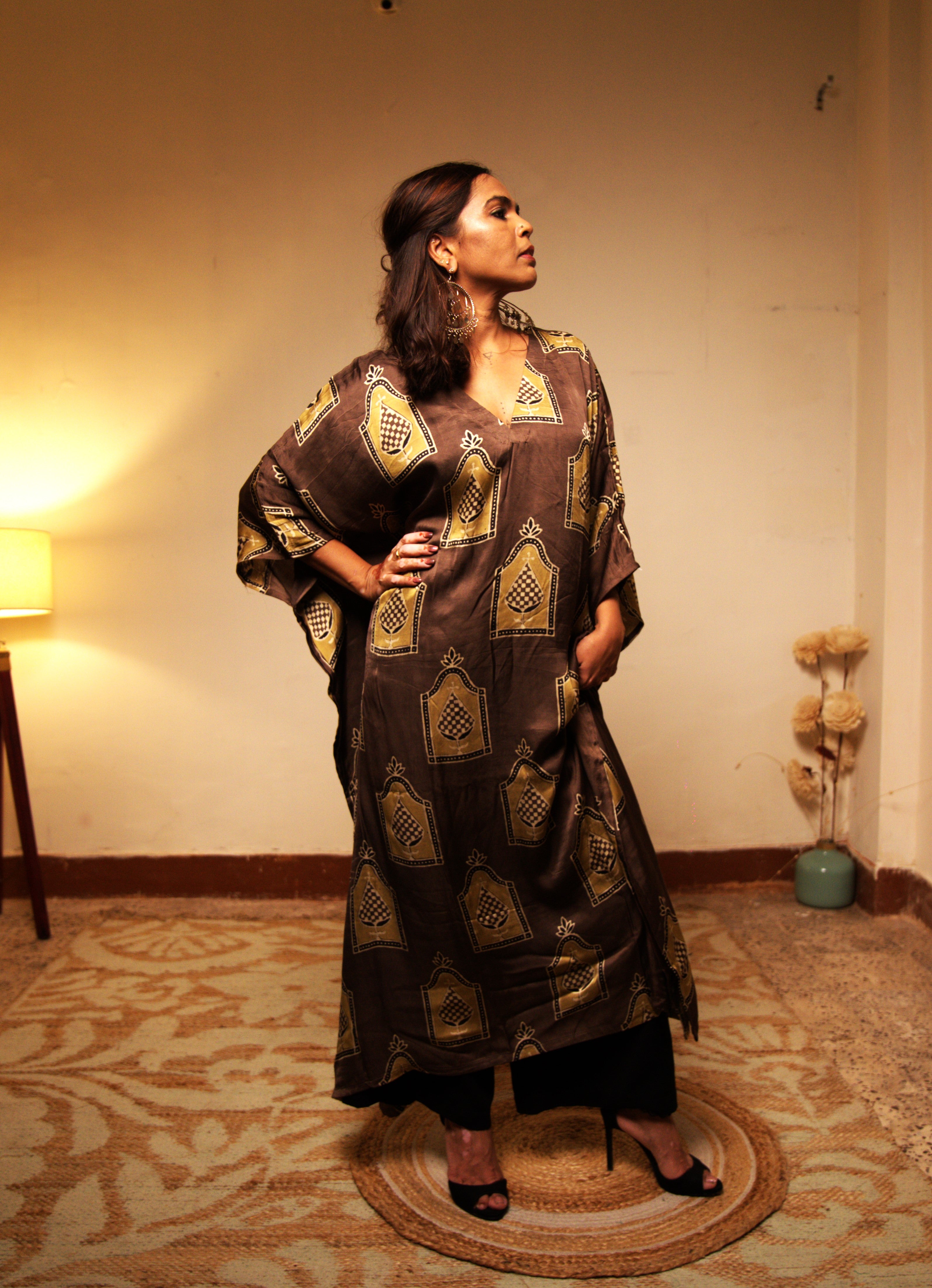 Jugni-Brown Modal Silk Kaftan with Subtle Motifs