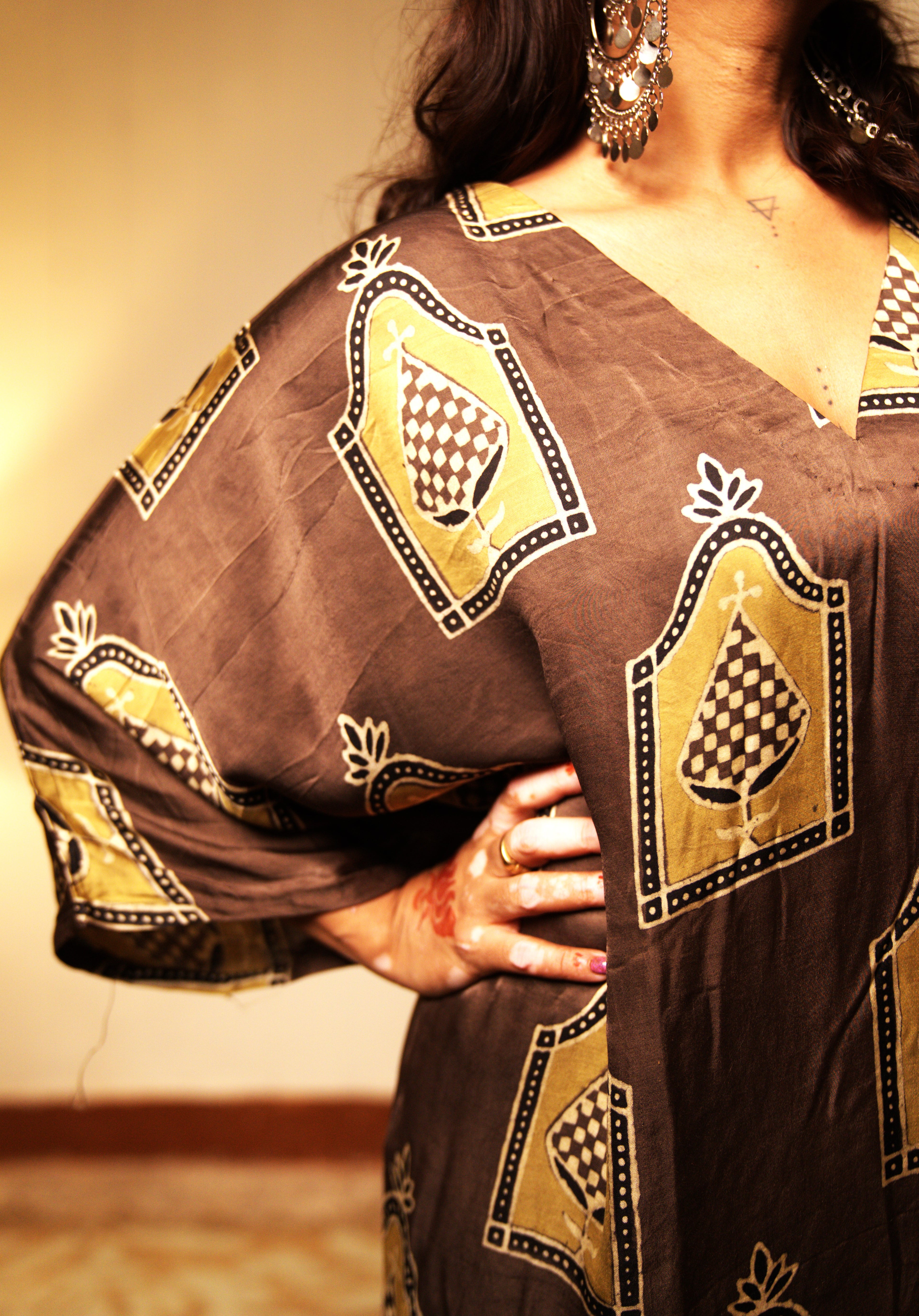Jugni-Brown Modal Silk Kaftan with Subtle Motifs