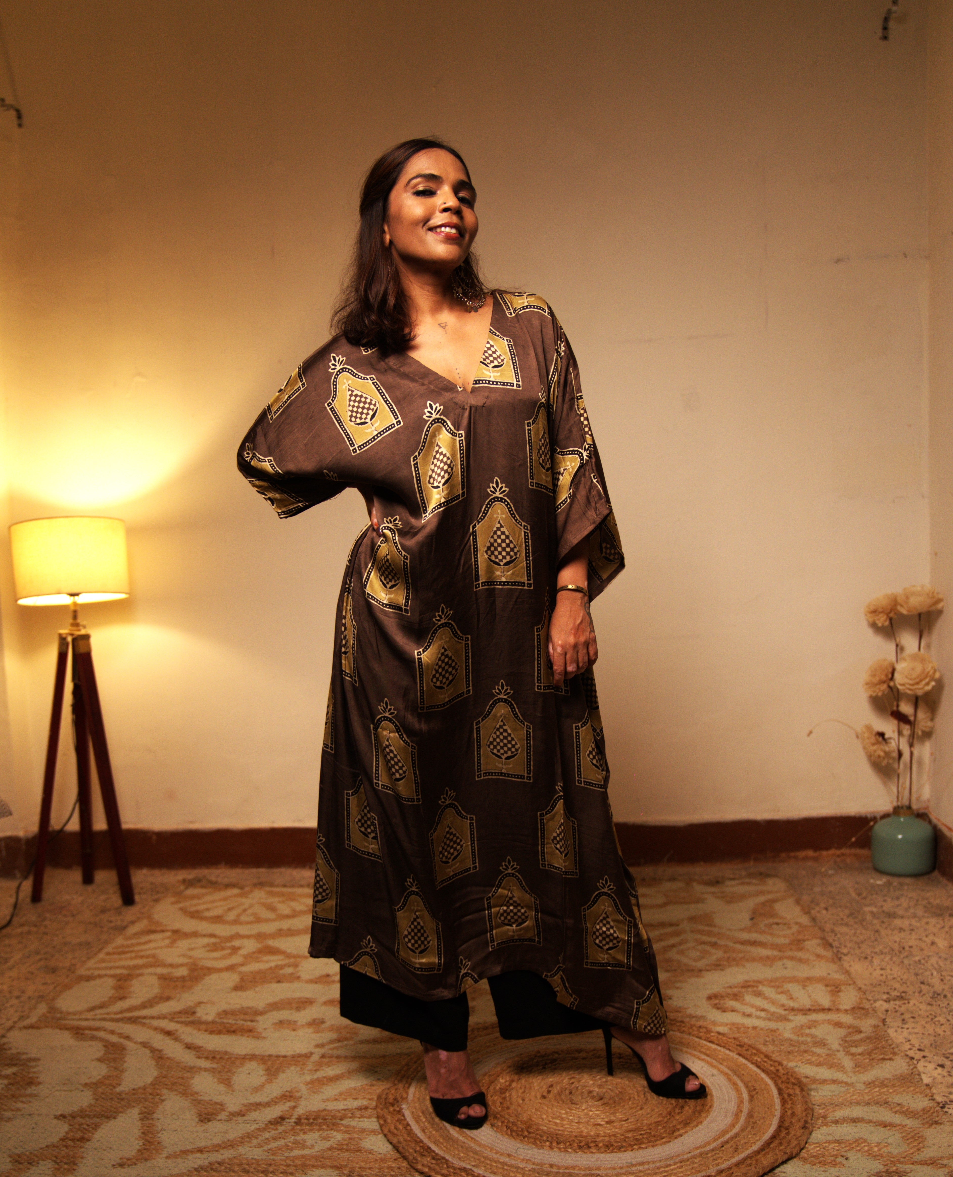 Jugni-Brown Modal Silk Kaftan with Subtle Motifs