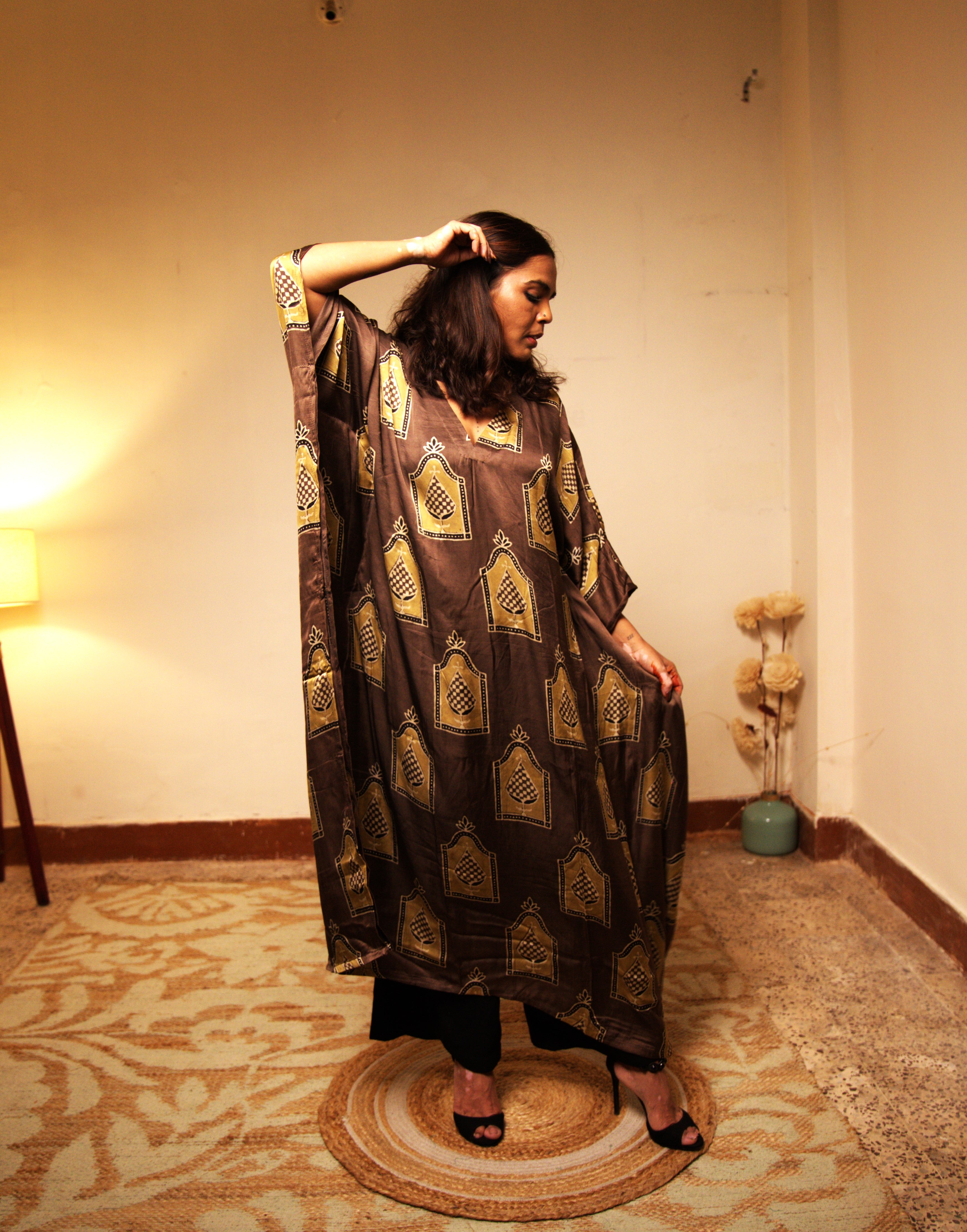 Jugni-Brown Modal Silk Kaftan with Subtle Motifs