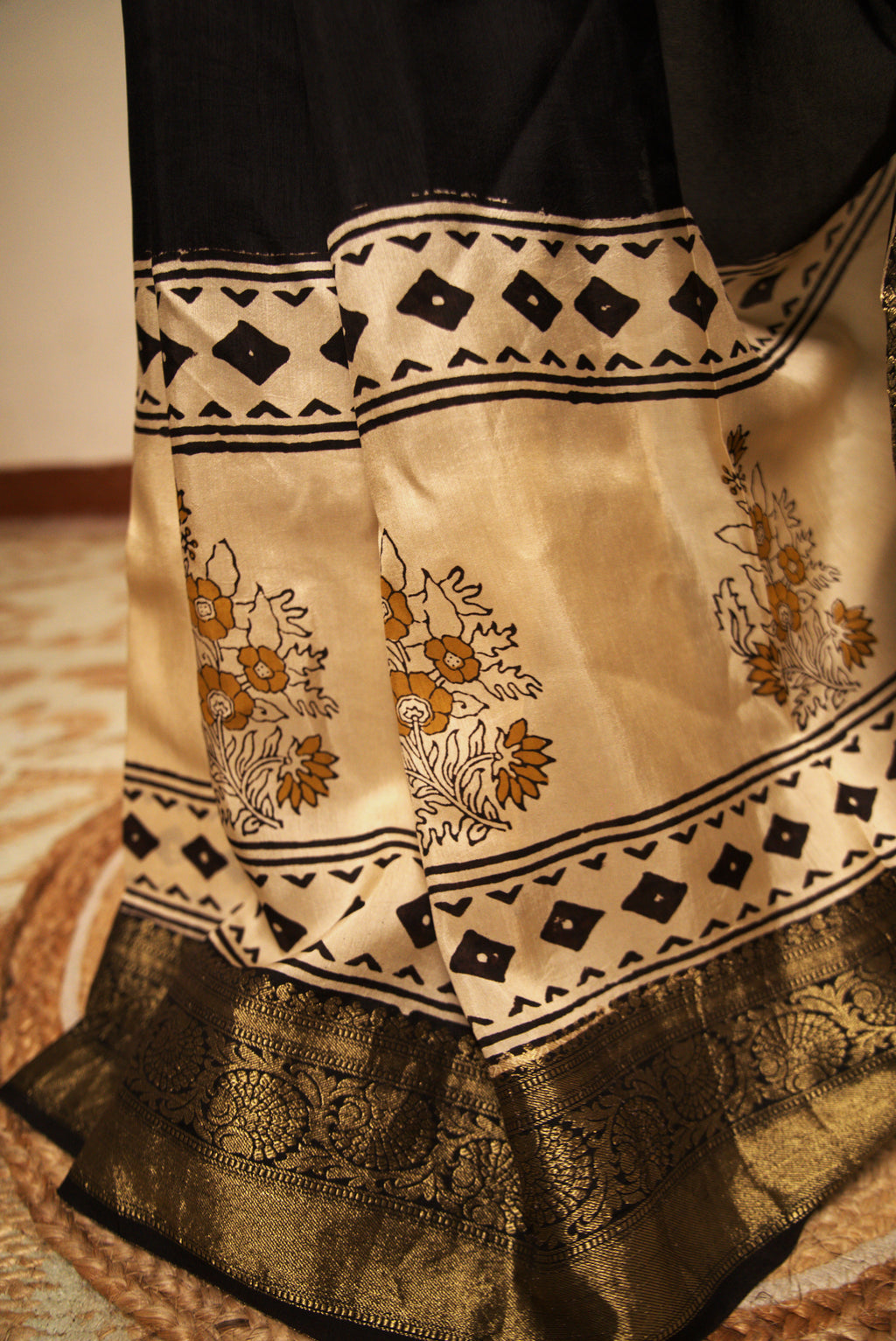 Dola Silk - Black with gold border