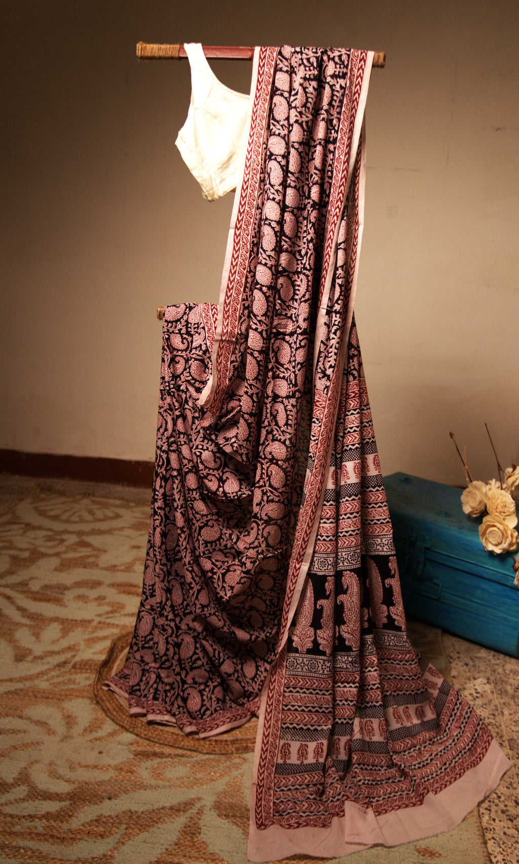 Off-White Cotton Kalamkari Sari with Red Motifs