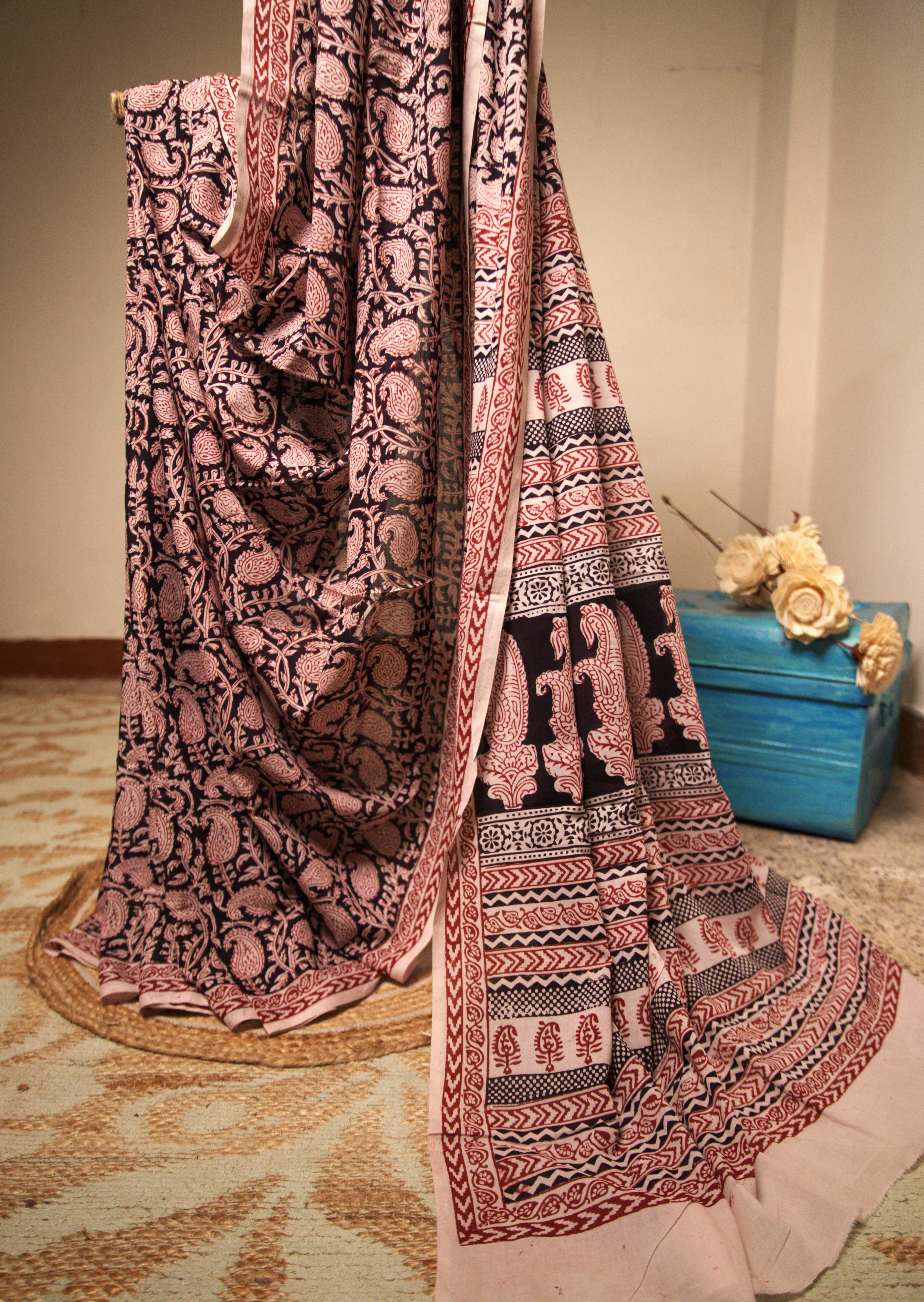 Off-White Cotton Kalamkari Sari with Red Motifs