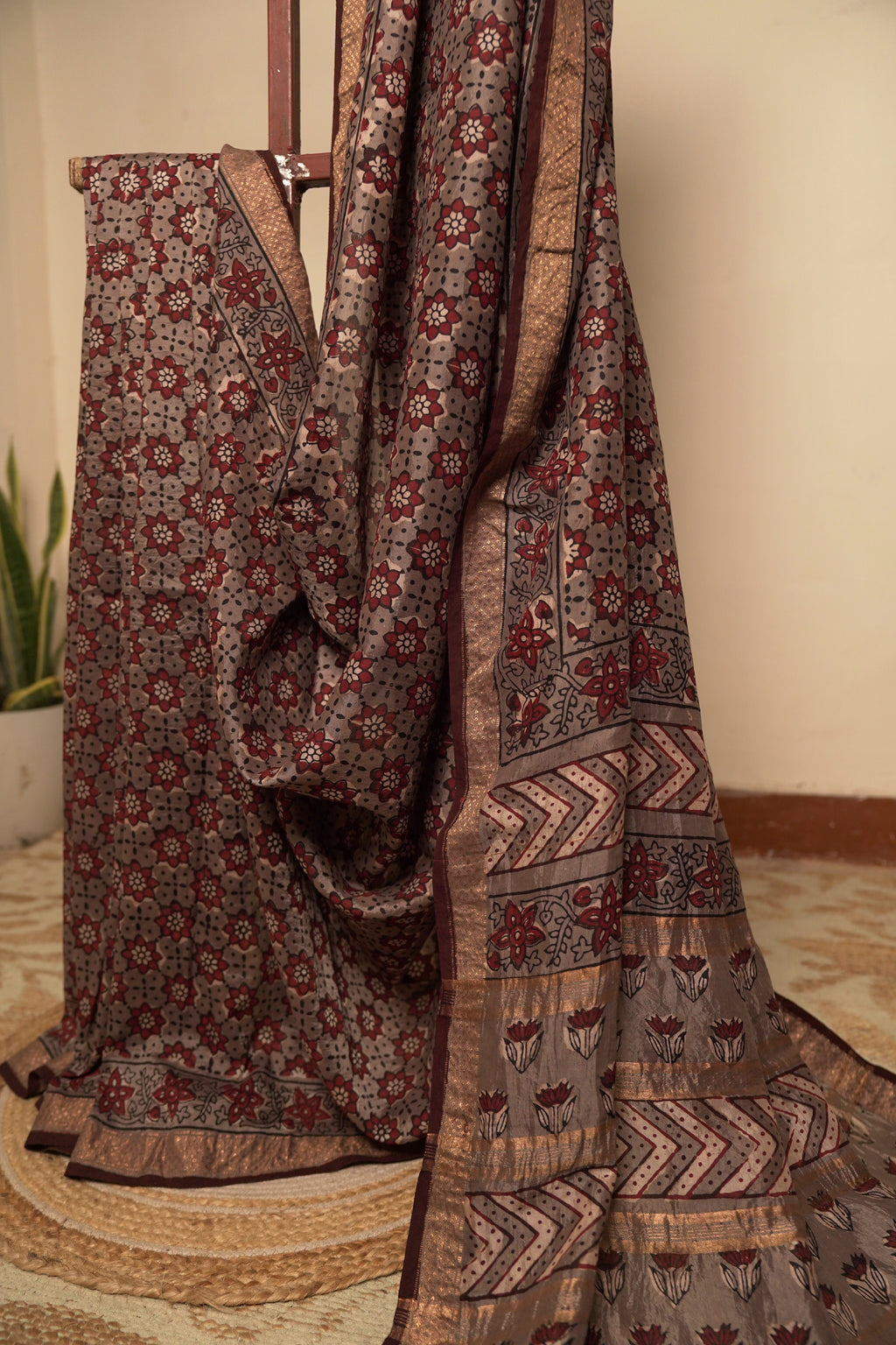Sutrā - Maroon & Steel Grey Silk Sari