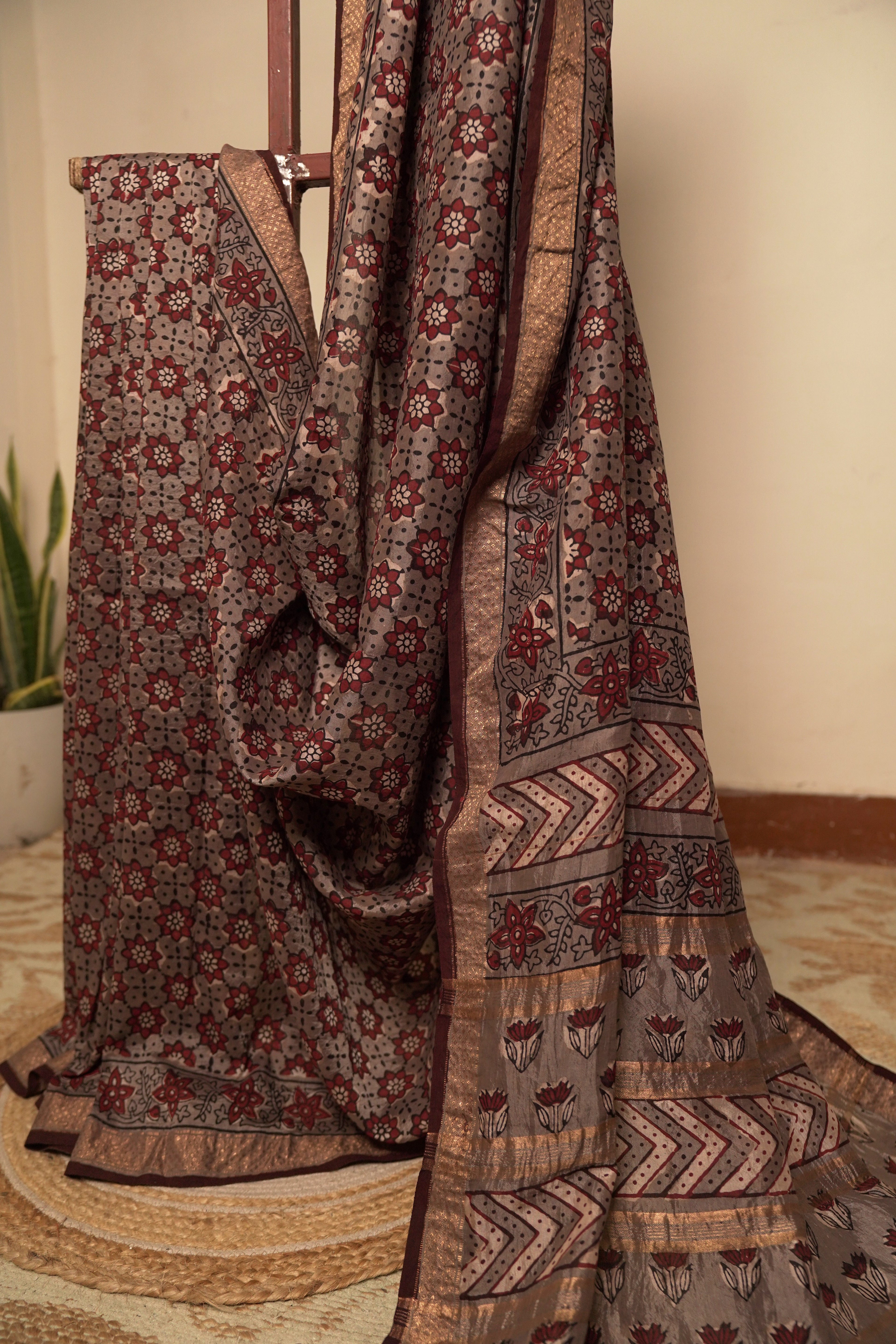 Sutrā - Maroon & Steel Grey Silk Sari