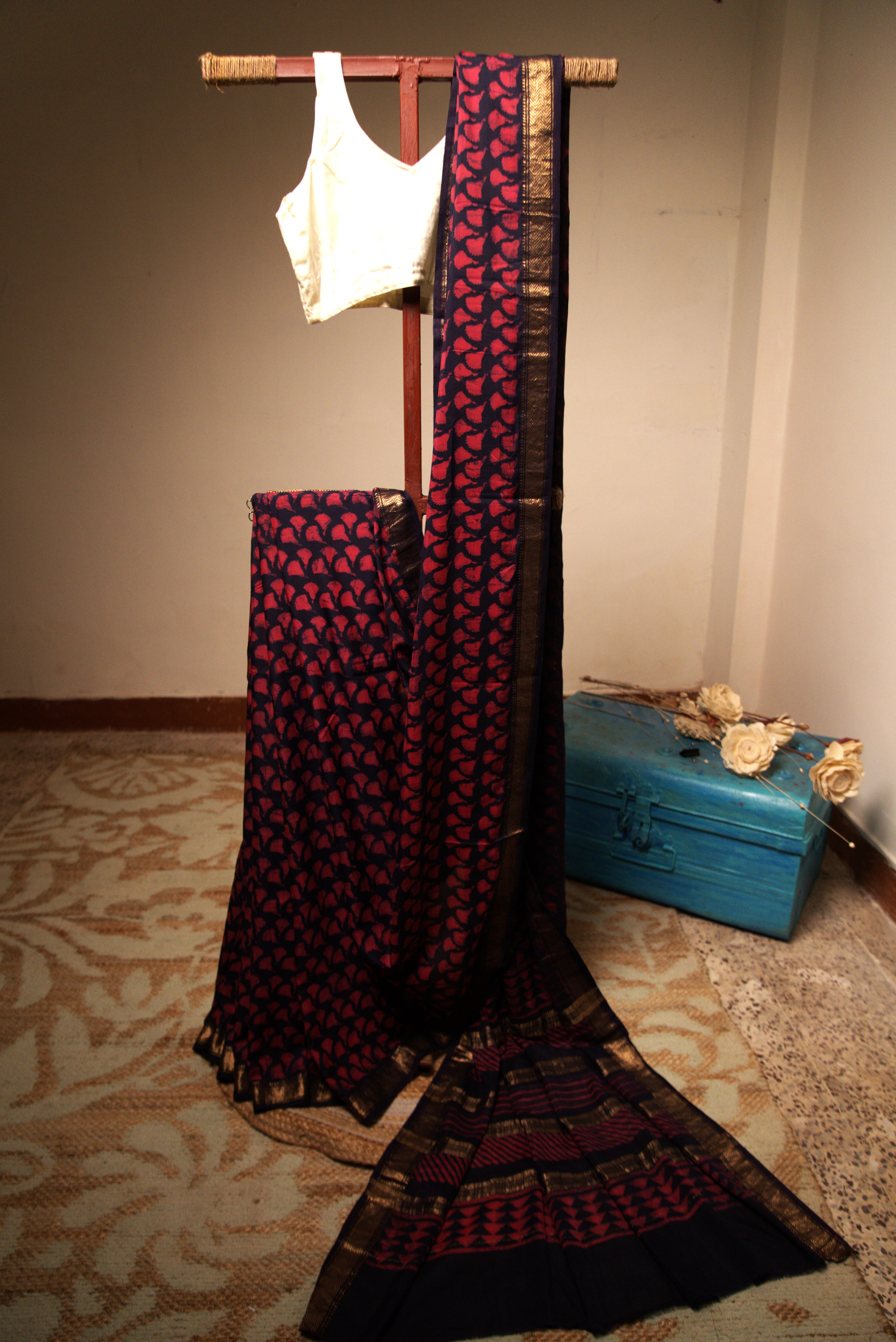 Sutrā – Dark Purple Silk Sari with Pink flowers