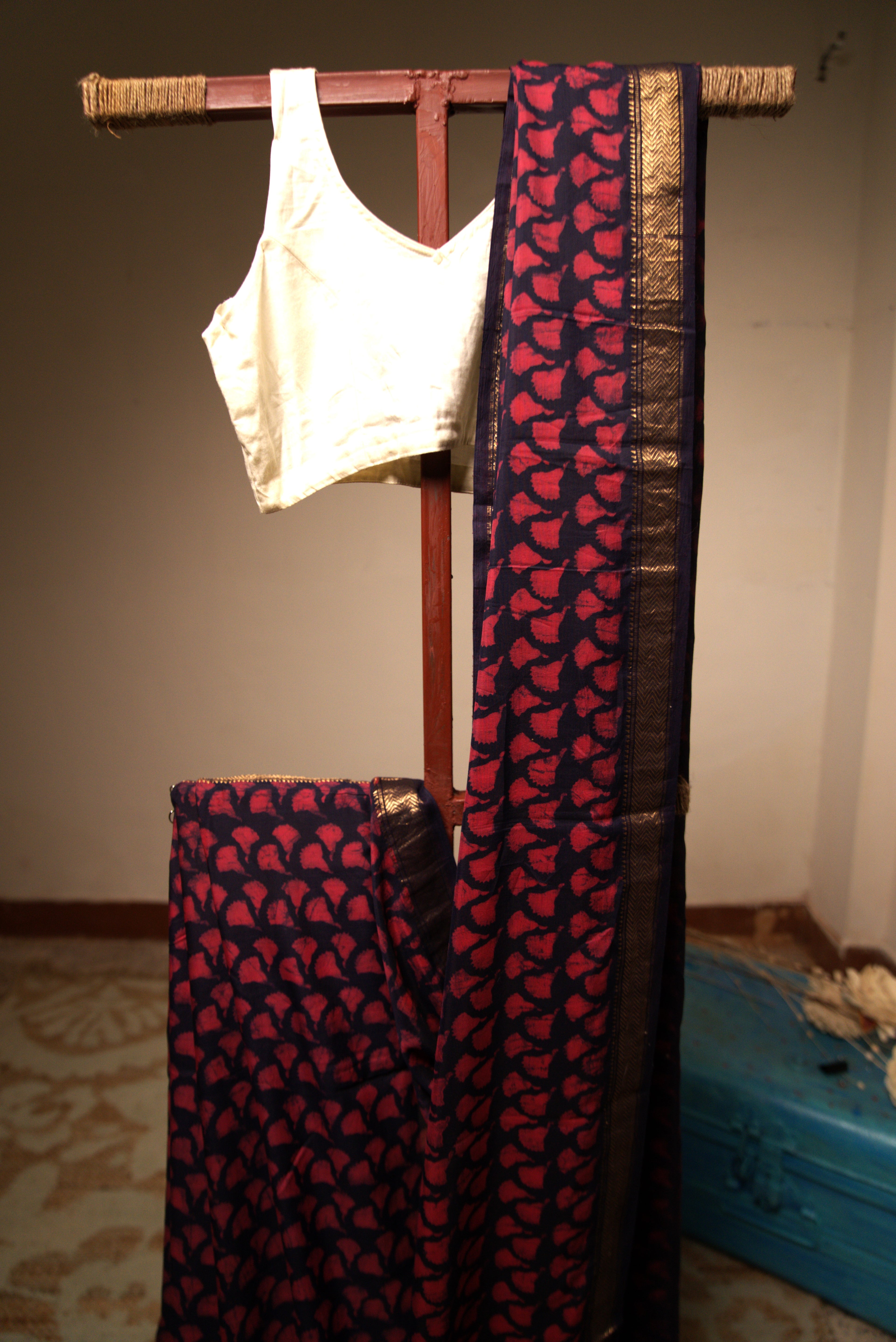 Sutrā – Dark Purple Silk Sari with Pink flowers