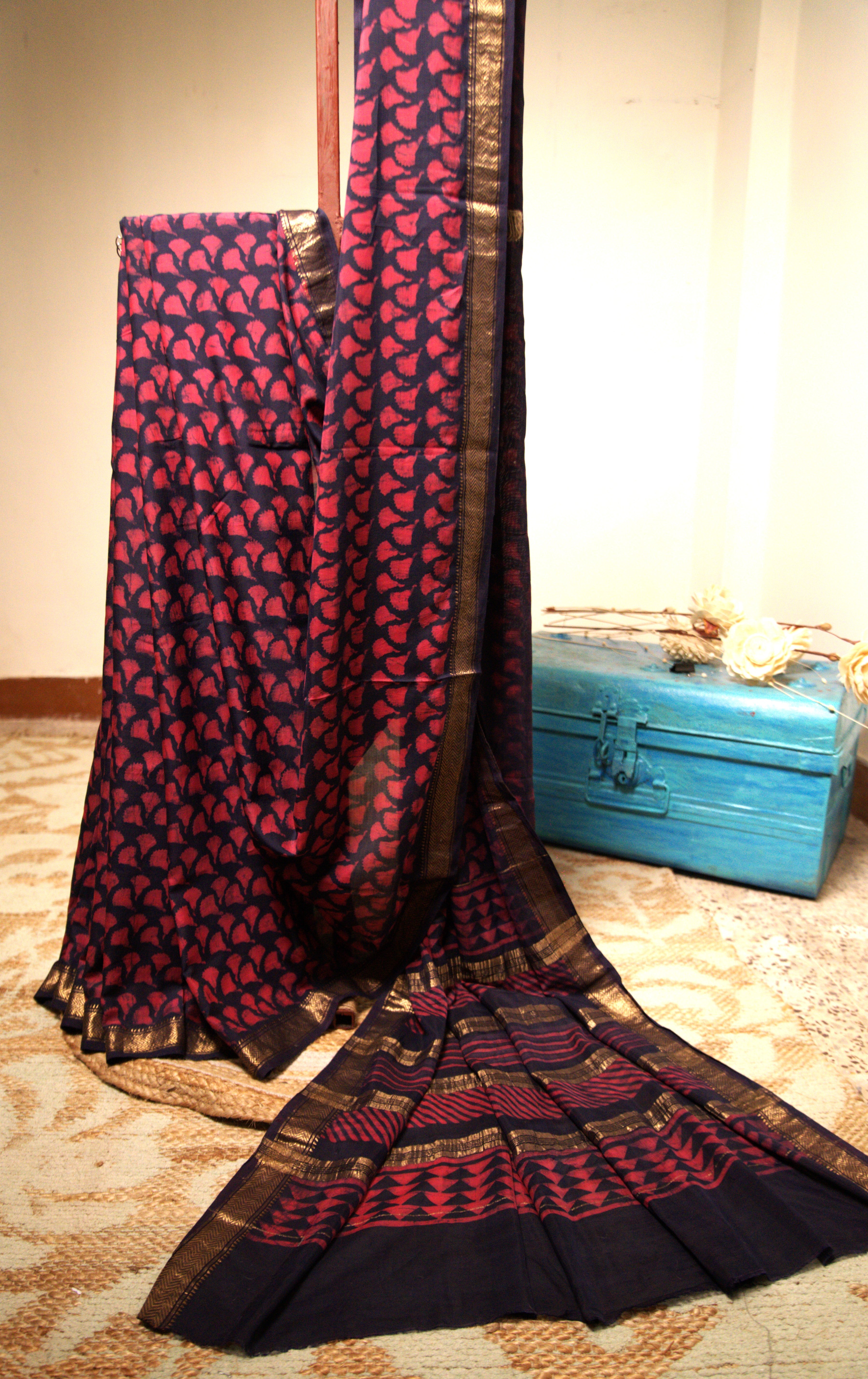 Sutrā – Dark Purple Silk Sari with Pink flowers