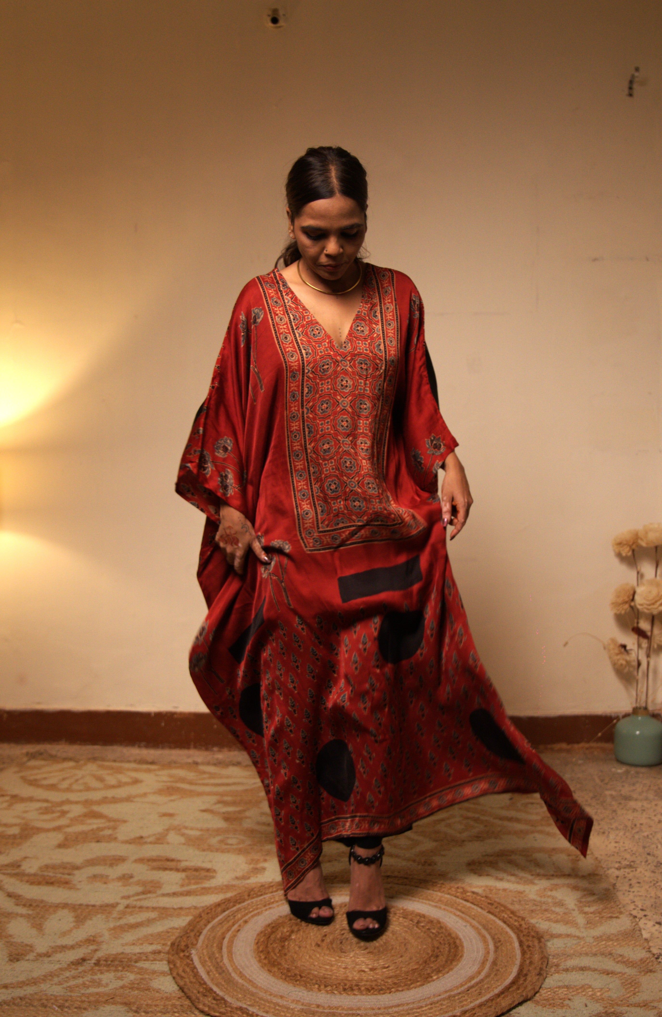 Jugni - Red Modal Silk Kaftan with Elegant Motifs