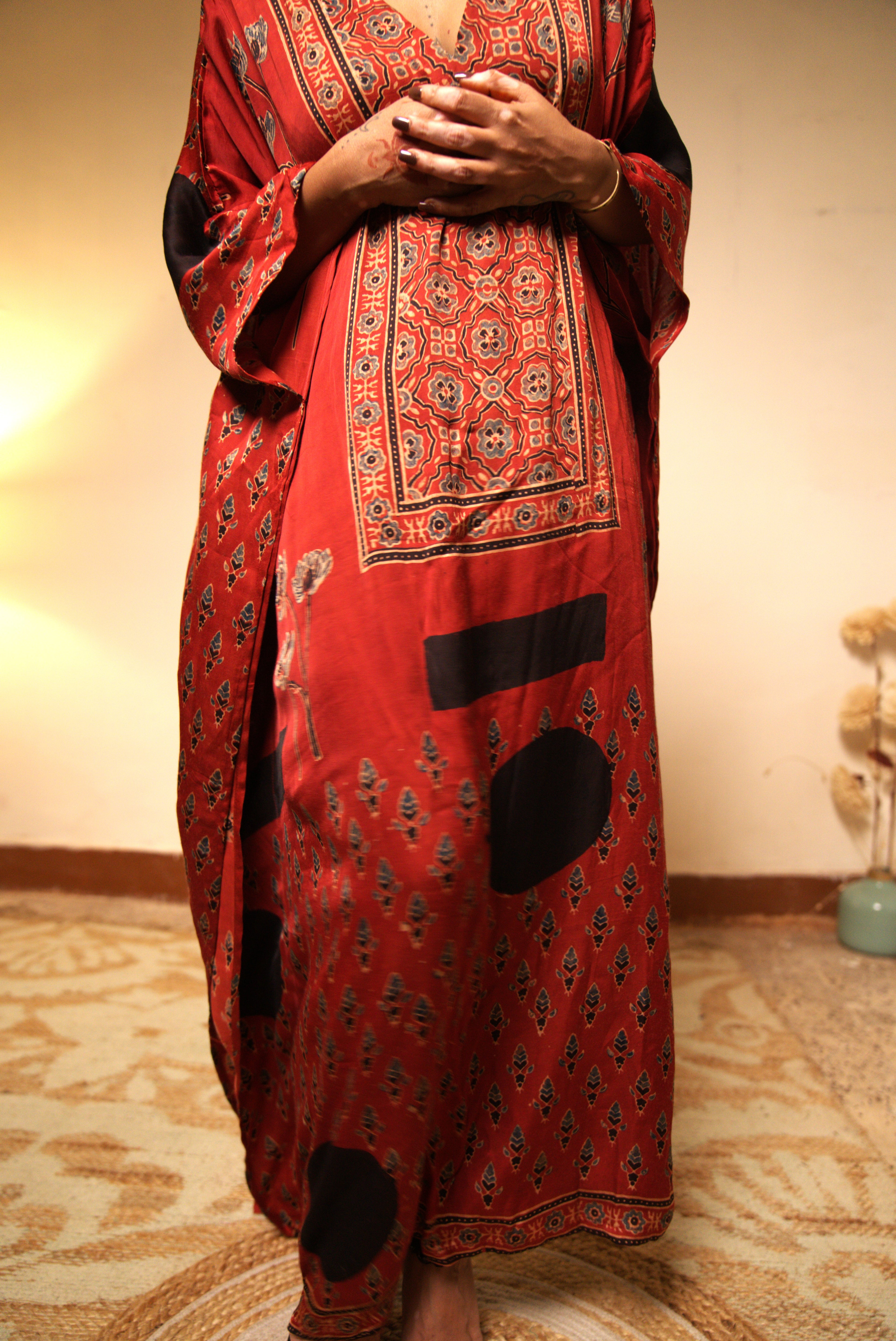 Jugni - Red Modal Silk Kaftan with Elegant Motifs