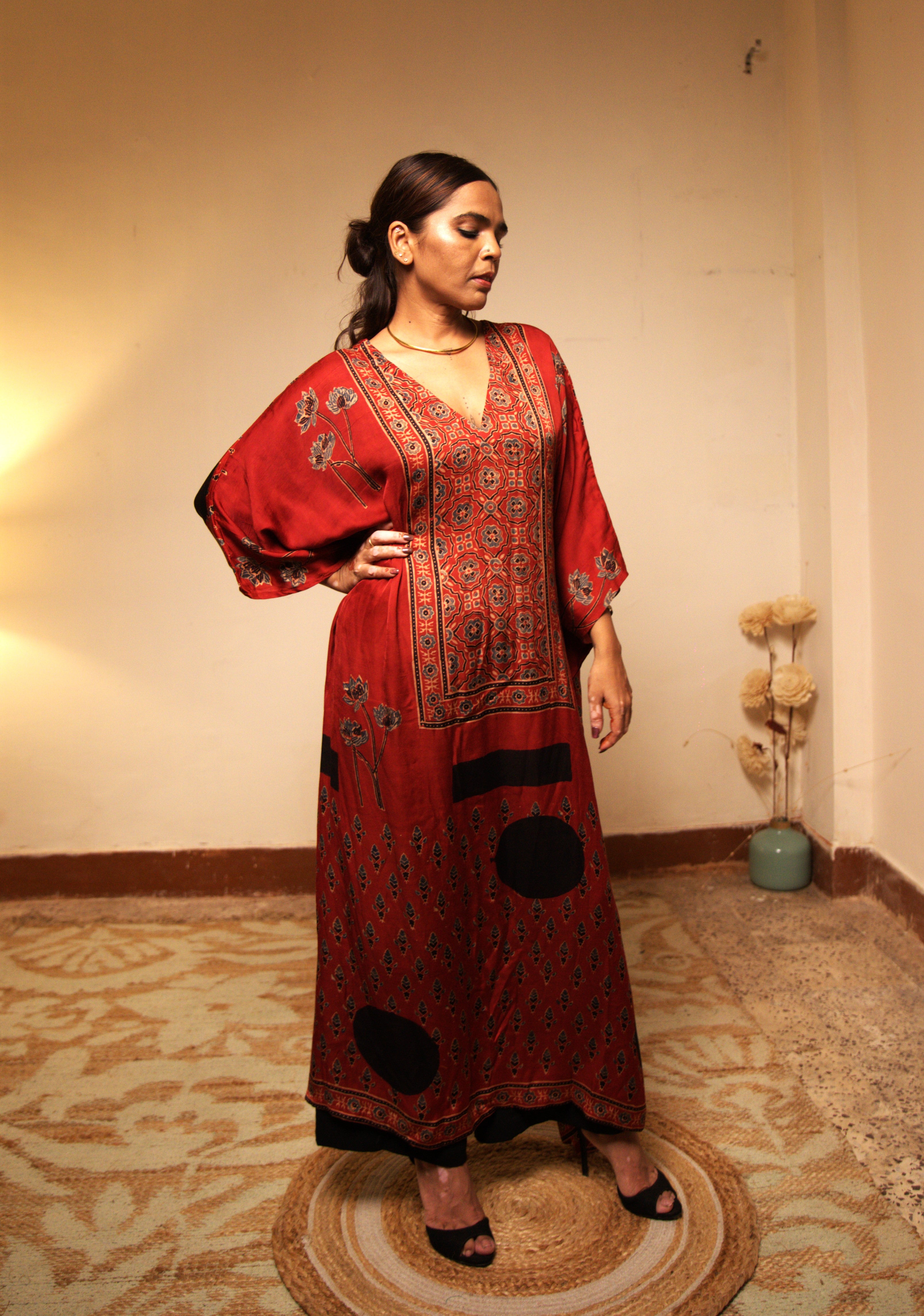 Jugni - Red Modal Silk Kaftan with Elegant Motifs