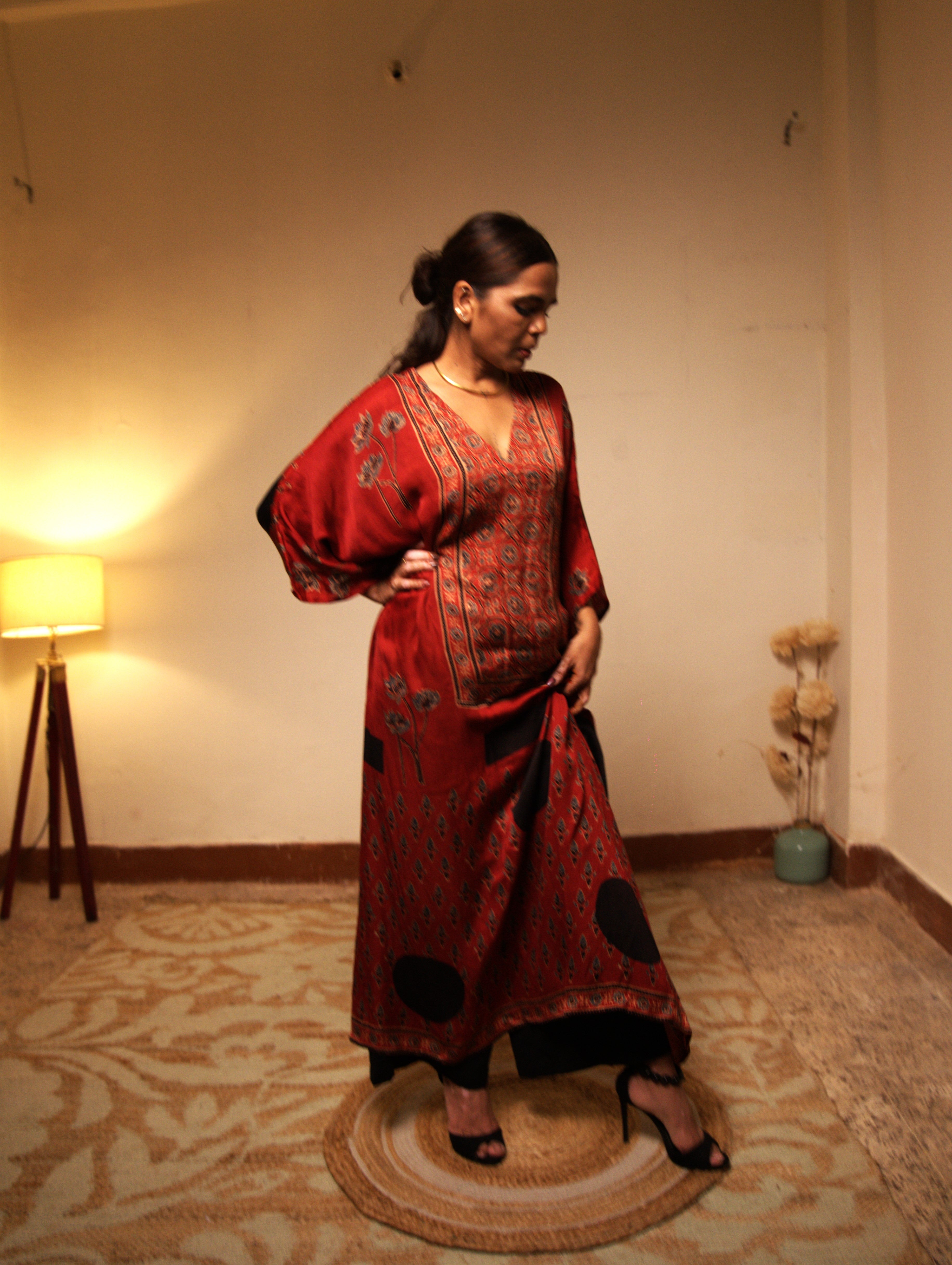 Jugni - Red Modal Silk Kaftan with Elegant Motifs