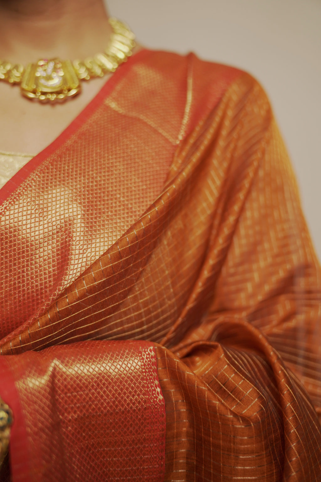 त्यौहार - Rust Orange Cotton by Silk Handwoven Sari with Zari Checks