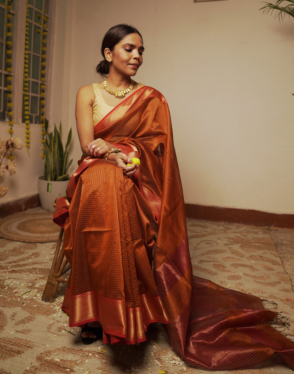 त्यौहार - Rust Orange Cotton by Silk Handwoven Sari with Zari Checks