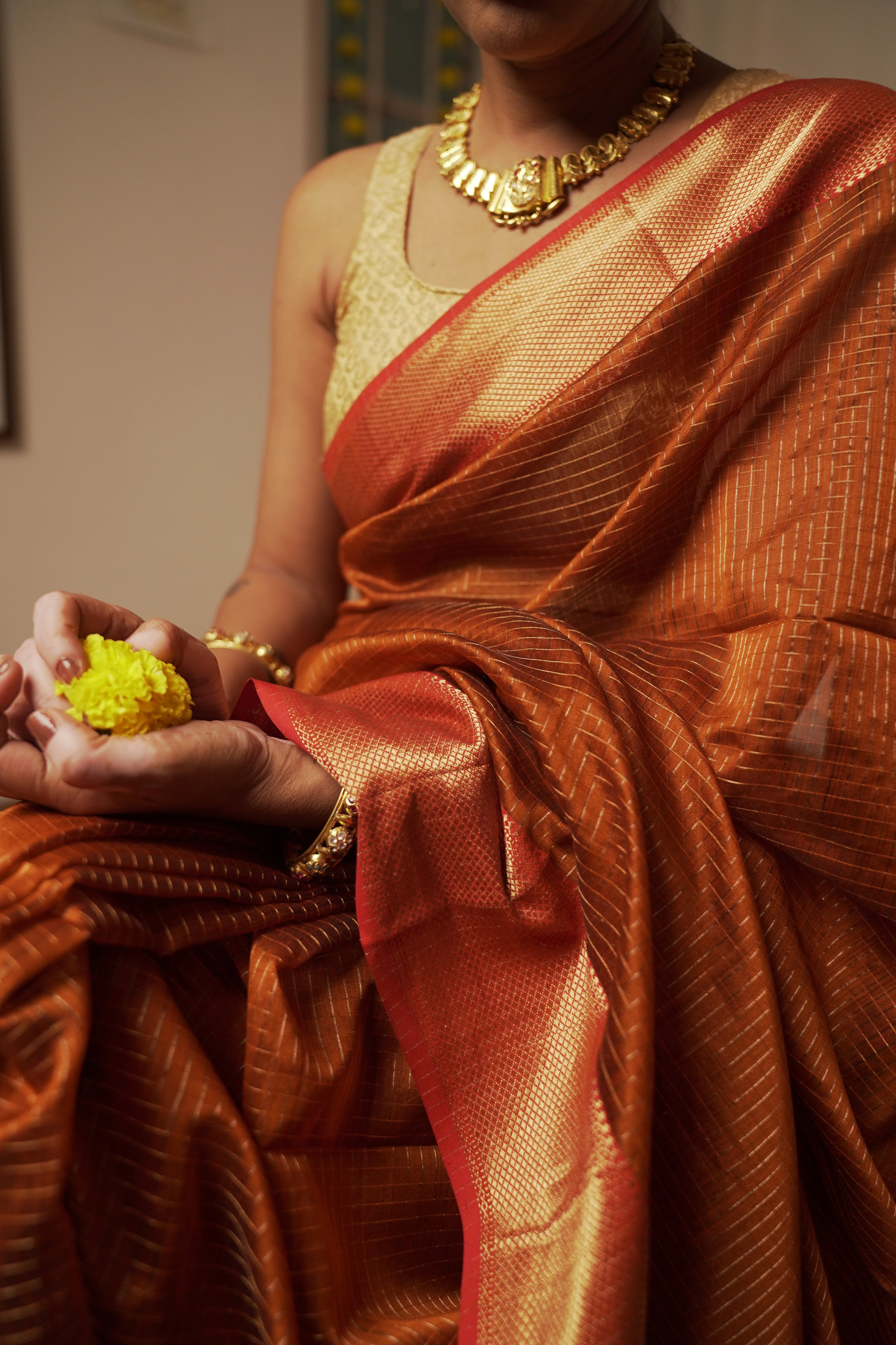 त्यौहार - Rust Orange Cotton by Silk Handwoven Sari with Zari Checks