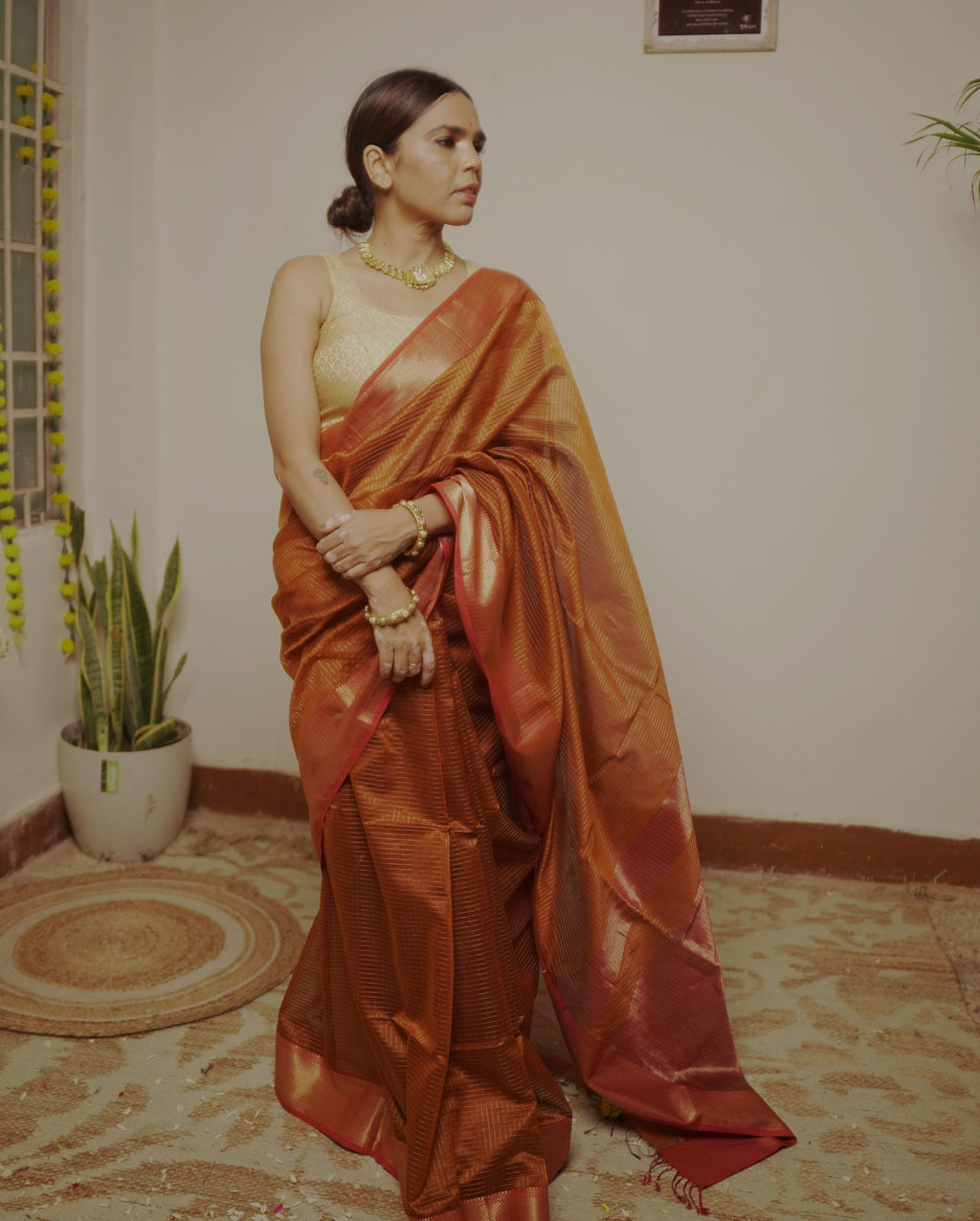 त्यौहार - Rust Orange Cotton by Silk Handwoven Sari with Zari Checks
