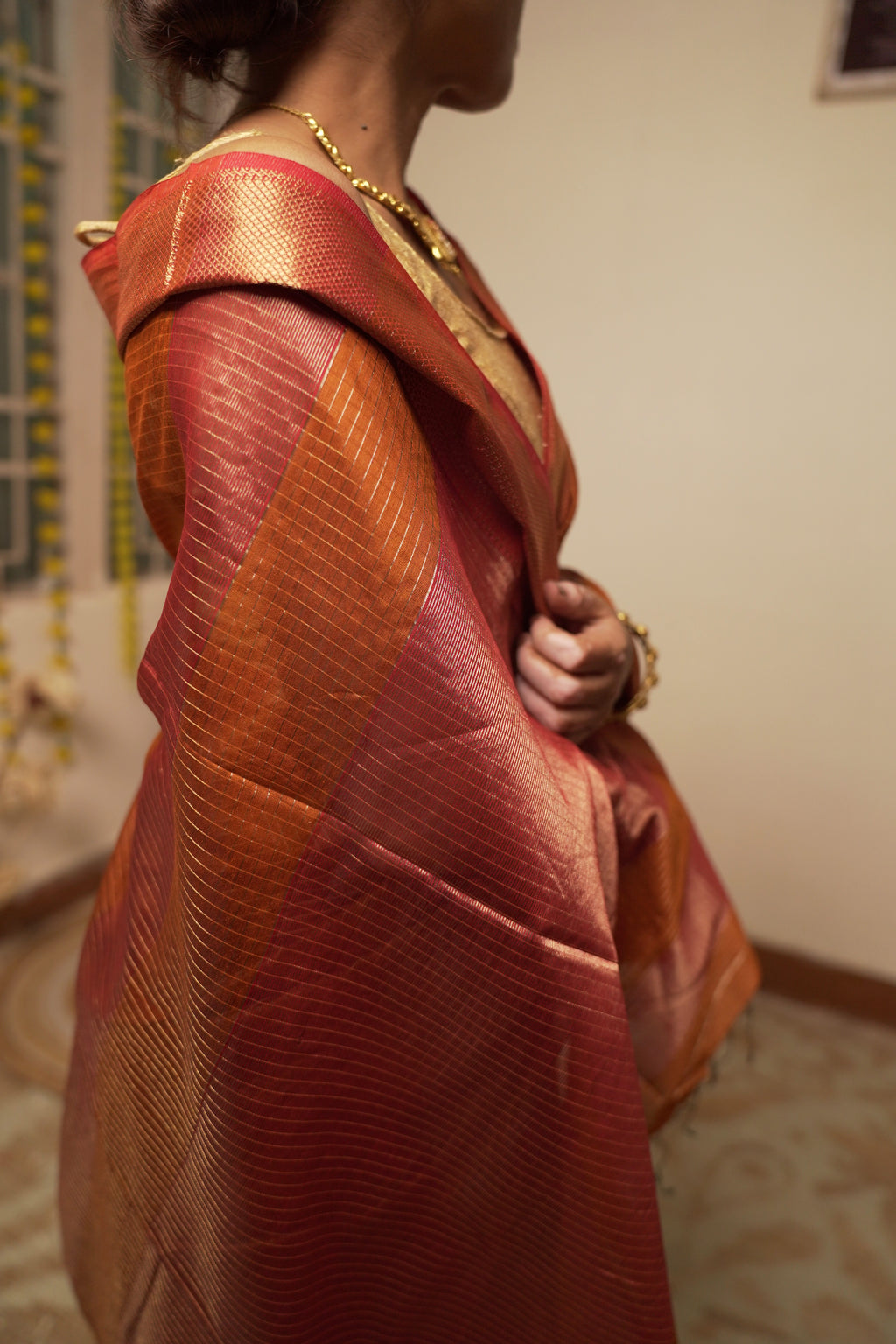 त्यौहार - Rust Orange Cotton by Silk Handwoven Sari with Zari Checks